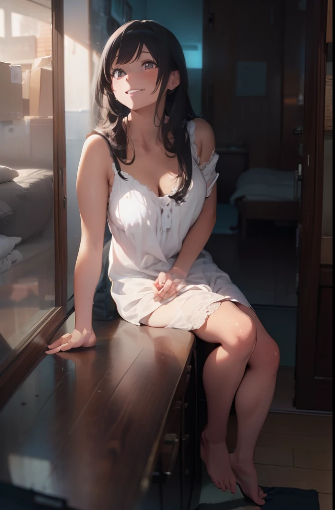 ultra-quality, ultla highres, Hyper Detailed, High contrast, superfine illustration, creative refinement, Smile, cami nightdress, livingroom