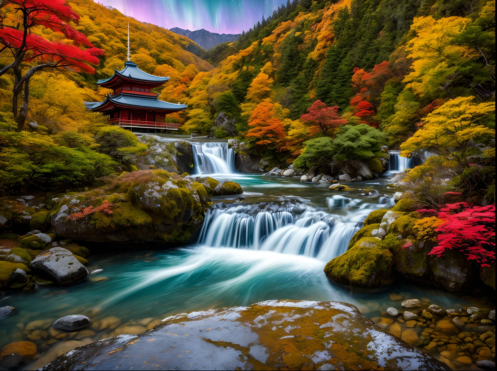 best quality, masterpiece, beautiful wild and natural fantasy landscape with glowing soft lights aurora beautiful waterfall in New Zealand, Japanese temple on the rock under waterfall, fall season, momiji leaf, milkyway、