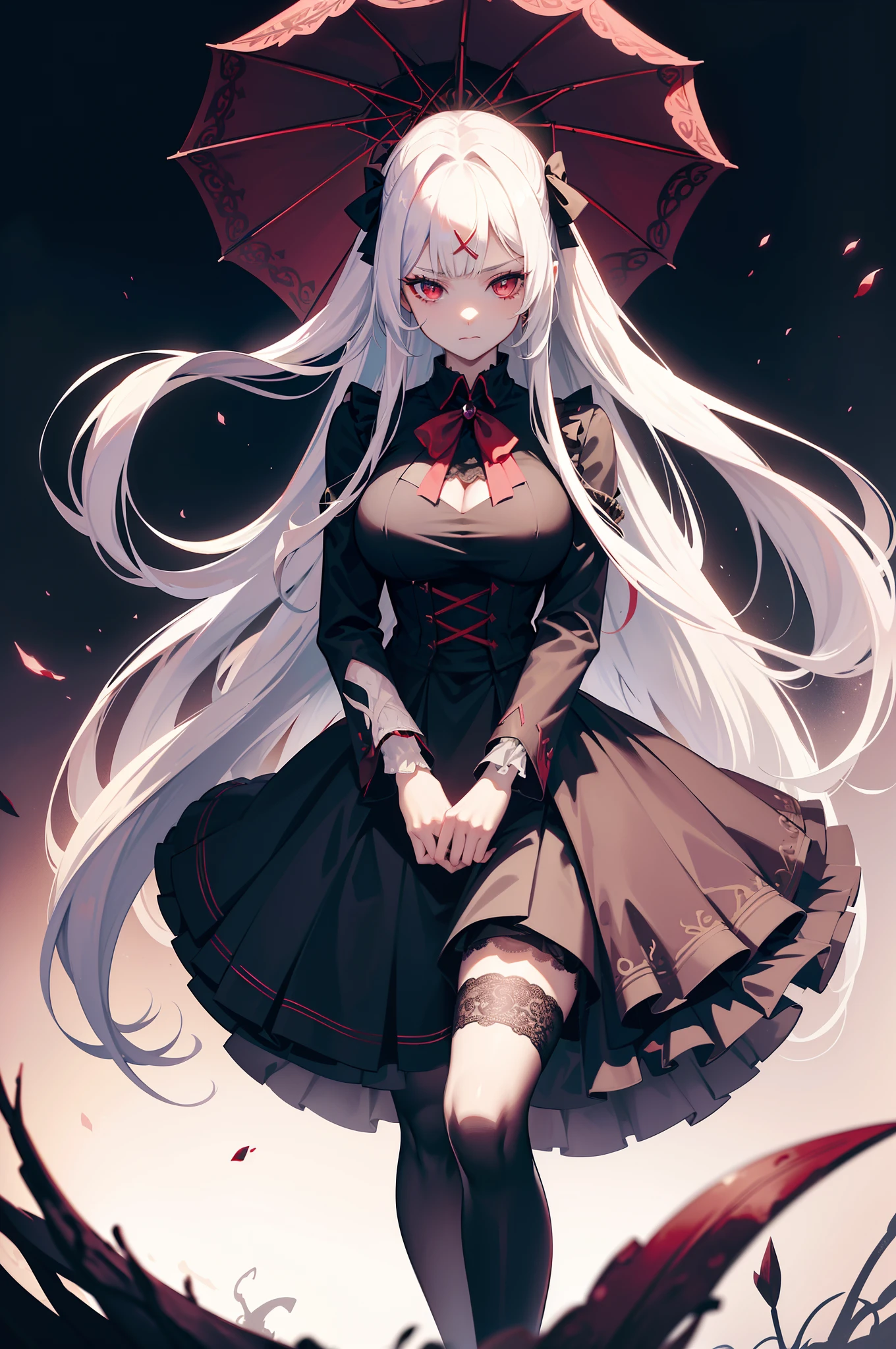 Bloodfallen Shalltear from Overlord, vampire fighter, (( tight soft black evening dress with a big heavy skirt, lace embellished ribbon and a short tailored jacket, giant ribbon on hair, holding umbrella, multilayer skirt, hairpin, wine)), (white skin, white long pony tail hairstyle, bright red pupil, bloody effect around, anxiety aura, petite body shape), (masterpieces, high resolution, fantasy art), queen bedroom background