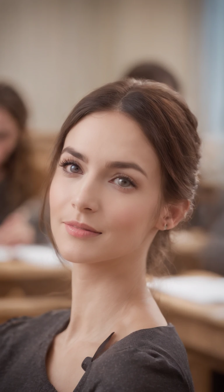 In the classroom,Teacher is lecturing students,Beautiful teacher,closeup cleavage,sharp focus on eyes、a smile、top-quality