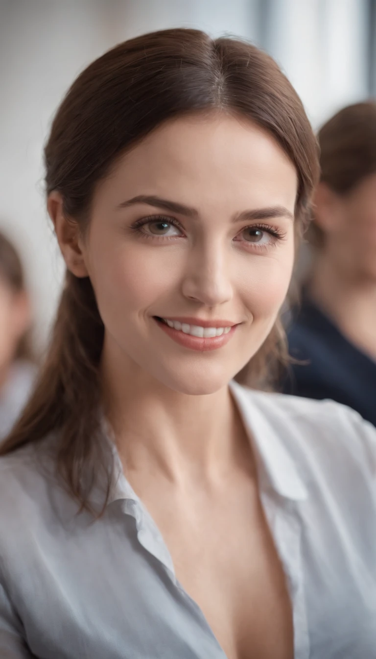 In the classroom,Teacher is lecturing students,Beautiful teacher,closeup cleavage,sharp focus on eyes、a smile、top-quality