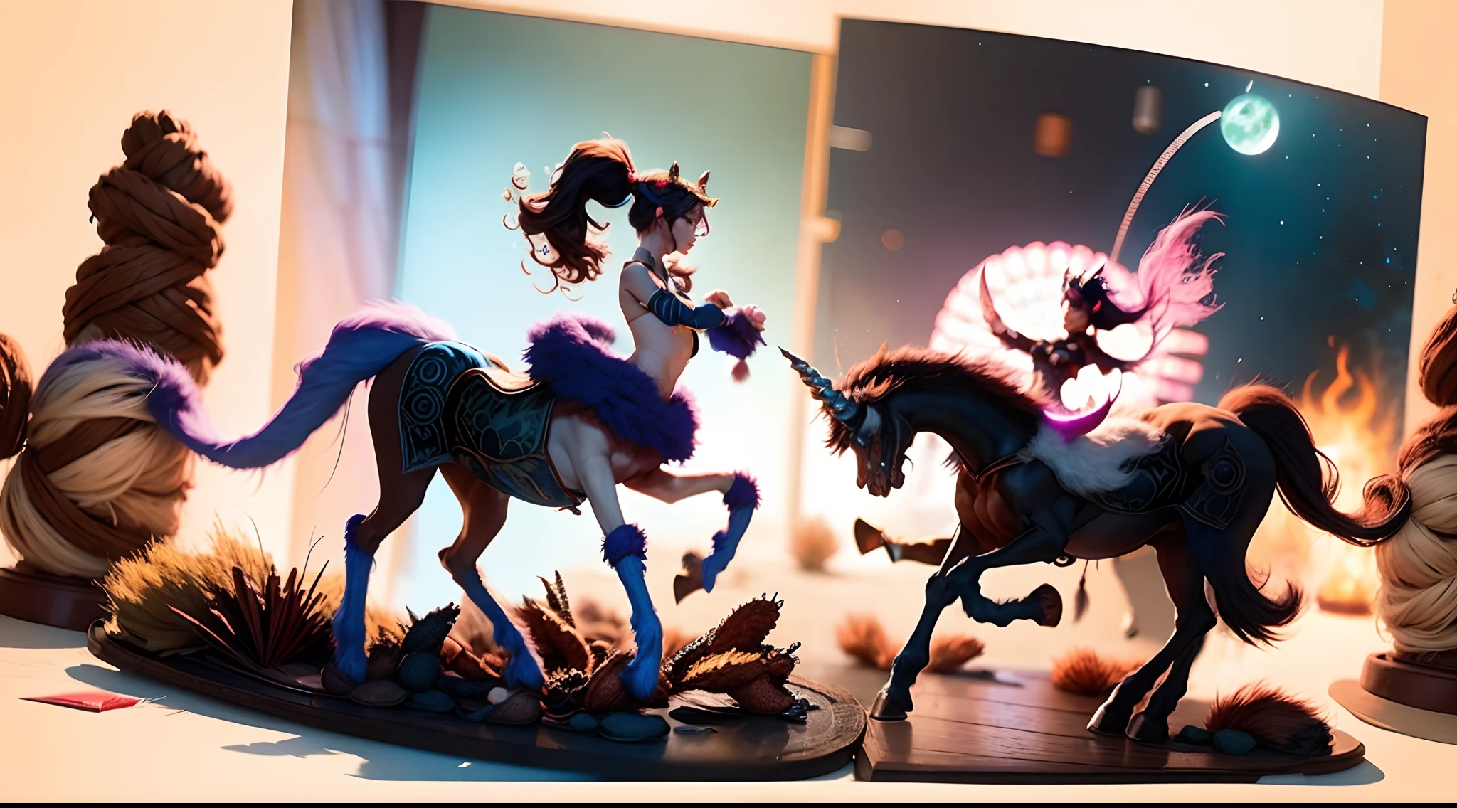 In the beautiful illustration of this super-grand scene，The ultra-distant lens shows us（Over eight unique centaur characters：9.9），They all have their own characteristics，Vivid and interesting。Radiant from the heavens（angelicales：6.6）Like centaurs、To nightmarish is（Surrounded by flames：6.6）of the hellish centaurs、And then to the wind dancing in the air（fairy：6.6）centaur horse、And thunder and lightning surrounding（Unicorn：6.6）centaur horse，and shining metallic ones（Machinary：6.6）centaur horse、And then to color（Dragon scales covered：6.6）The strength of the whole body is a powerful dragon centaur、Elegant and agile（the elf：6.6）The centaur's slender and graceful lines always wear a flower crown、Enchanting and charming（Tiflin：6.6）centaur horse、Have the indescribable（Raised sexy：6.6）'s（succubi：6.6）centaur horse。Each character has their own unique charms and abilities。The illustration uses advanced artistic techniques and tools，（Divide the scene into sections by geometric arrangement：9.9），Each section corresponds to a centaur character，This makes more efficient use of space。Through Midjourney's advanced brush tools、Color palette、Material packs and model packs、Texture tools，For each centaur, beautiful props are designed to increase racial characteristics、Clothing and physical features，（Enhances the character's personality and visual appeal：2.5）。The scenery in the illustrations is stunning，There are changing skies、rainbowing、extreme light、Stars and Moon。Incorporating iconic landmarks such as Mount Everest，and fireworks、tranquil lake、Natural and urban elements of waves and neon lights，Creates a magical atmosphere。The centaurs display their unique abilities and equipment in a variety of environments，This is true even in extreme alien landscapes。（Use Midjourney's tools、Material packs、Texture tools、The color palette makes depicting details vivid and realistic：9.9），From complex hairstyles and as well as different racial traits、Body、Appearance features、Clothing to real textures，This
