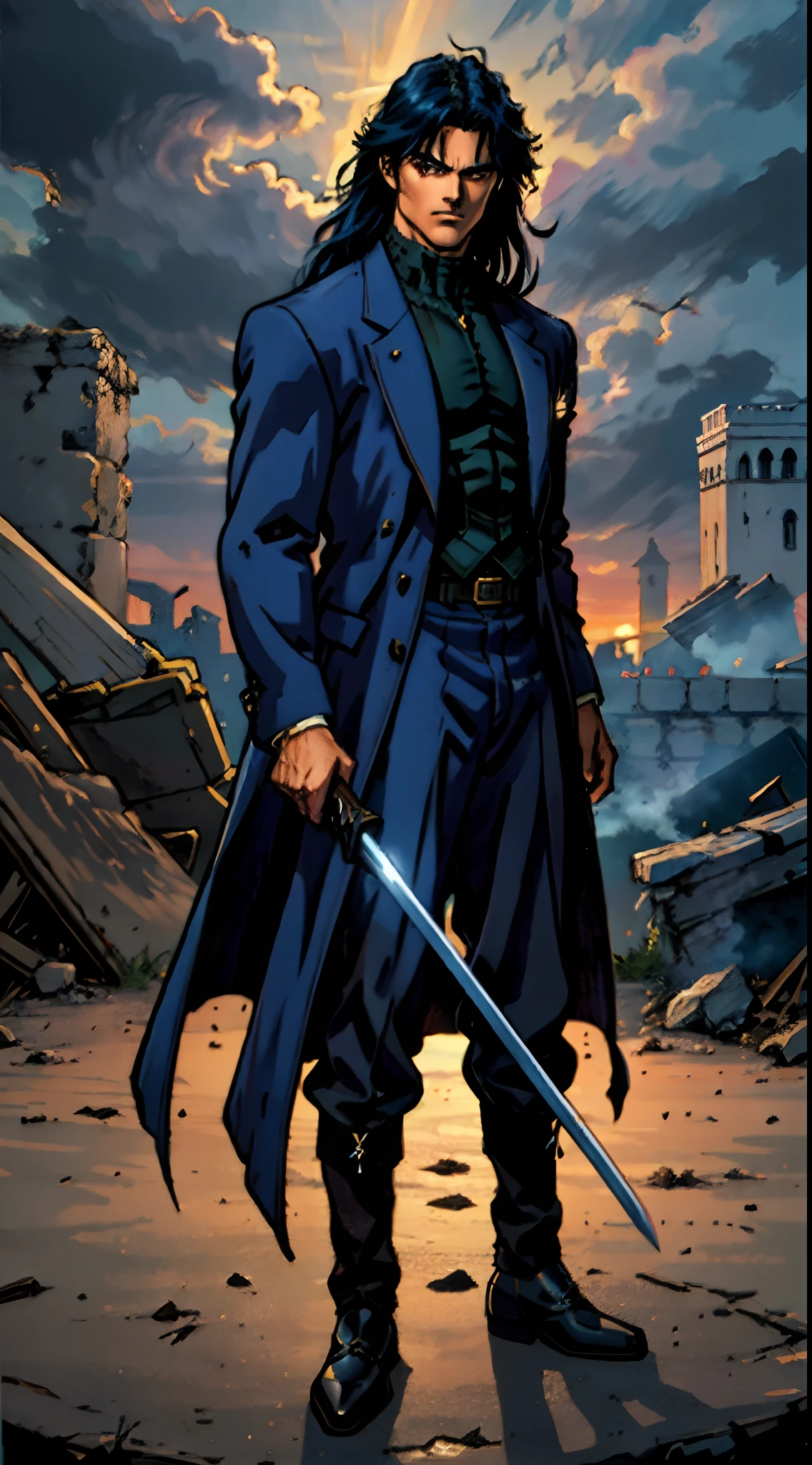 A young man with deep blue long hair, cold and resolute eyes, a slender face, handsome features, stands tall in front of a decrepit ancient city under the night sky, exudes a dignified demeanor, he wears a two-piece Western-Eastern hybrid black suit coat, matching black trousers, in each hand he holds a curved longsword emitting a faint, hazy blue glow that illuminates the surroundings, this character embodies a finely crafted fantasy-style swordsman design in anime style, characterized by a sophisticated and mature manga illustration art style, full body character drawing, high definition, best quality, highres, ultra-detailed, ultra-fine painting, extremely delicate, professional, anatomically correct, symmetrical face, extremely detailed eyes and face, high quality eyes, creativity, RAW photo, UHD, 8k, Natural light, cinematic lighting, masterpiece:1.5