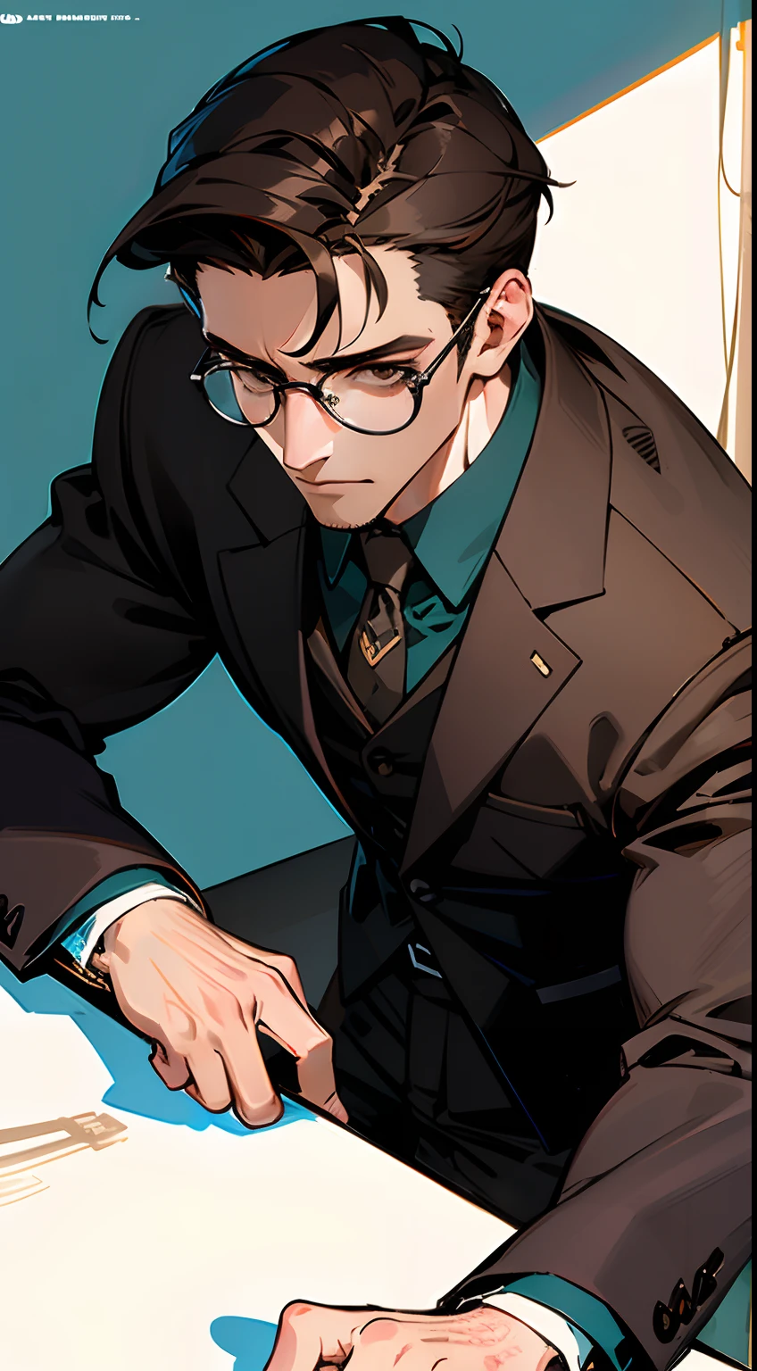 ((masterpiece,ultra-detailed, intricate details, best quality,illustration)),1man, solo, highres, looking at viewer, brown eyes, brunette, short hair, glasses, tall, thoughtful expression, wearing a suit, masculine, confident, dominant, powerful, handsome, attractive, in his 30s, strong jaw, clean face, detailed, vibrant colors, high contrast, dynamic lighting, realistic textures, illustration aesthetic