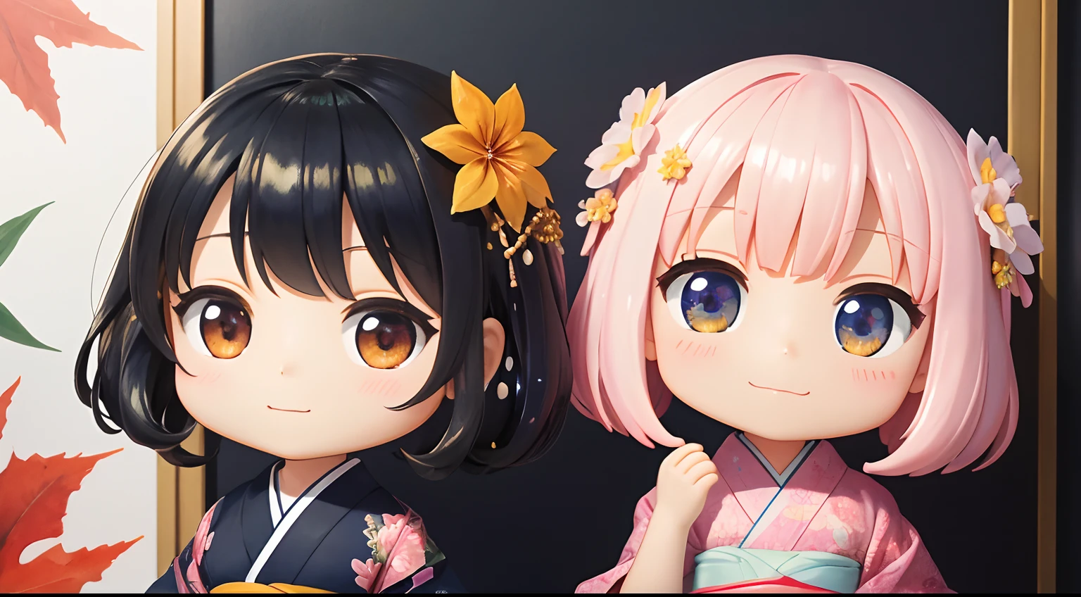 photoRealstic、Two dolls standing in front of the painting(nendroid)、A smile、Water droplets on the cheeks、In a cute pose、watercolor Nendoroid、(High Definition Figure)、Flowing iridescent silk、up of face、Eye Up、Komono、Kimono、There are also flowers in front of the nendroids、flower petals、season!!: 夏天☀ 🍂