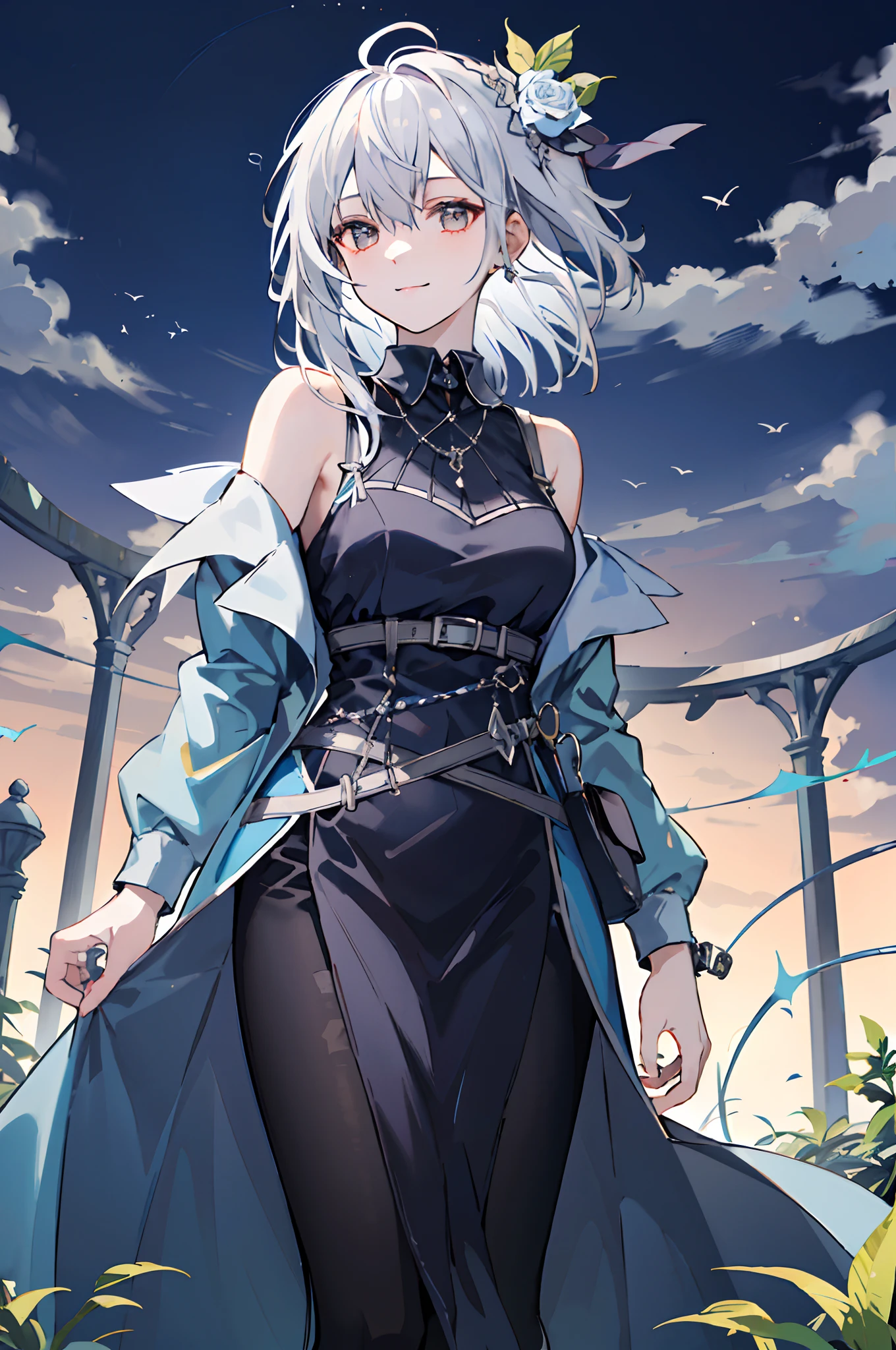 (tmasterpiece、top-quality、illustratio、Extremely high quality、high-level image quality、Extremely sensitive writing)White-haired girl standing in beautiful garden、A slight smile、She has a large bouquet、Cute national costume style dress，There are ruffles on the shoulders、Hair fluttering in the wind