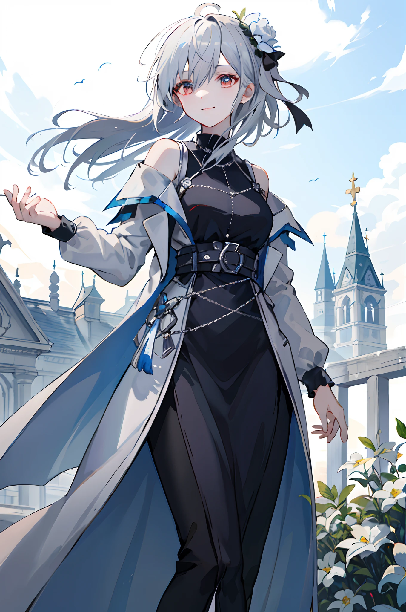 (tmasterpiece、top-quality、illustratio、Extremely high quality、high-level image quality、Extremely sensitive writing)White-haired girl standing in beautiful garden、A slight smile、She has a large bouquet、Cute national costume style dress，There are ruffles on the shoulders、Hair fluttering in the wind