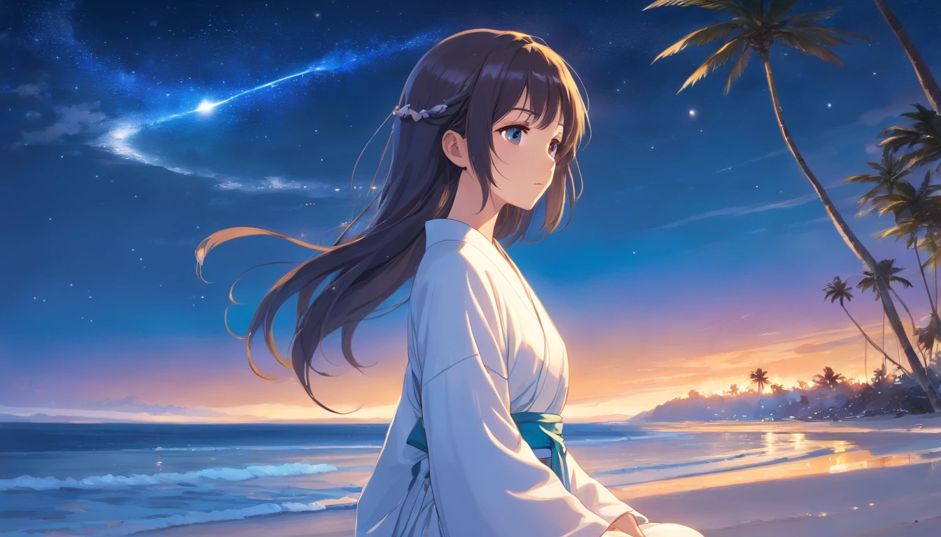 shining brightly above her, her eyes closed in deep concentration. The gentle sound of waves crashing against the shore creates a soothing rhythm that matches the tranquility of the scene. The girl sits cross-legged, her petite figure illuminated by the soft glow of the moon. Her long, flowing black hair dances in the salty breeze, intertwining with golden specks of stardust that seem to float around her. She wears a flowing white robe that billows around her like a cloud, accentuating the ethereal aura that surrounds her. In the distance, a lone palm tree stands tall, its slender silhouette painted against the canvas of the night sky. The sand beneath her seems to glow with a mesmerizing blue hue, as if it were kissed by moonlight. The stillness of the moment is palpable, as if time itself has paused to admire the beauty of this solitary meditation. This image, captured in exquisite detail, could be rendered in the style of a serene watercolor painting or a captivating long-exposure photograph, allowing the viewer to be transported to a world of peace and serenity