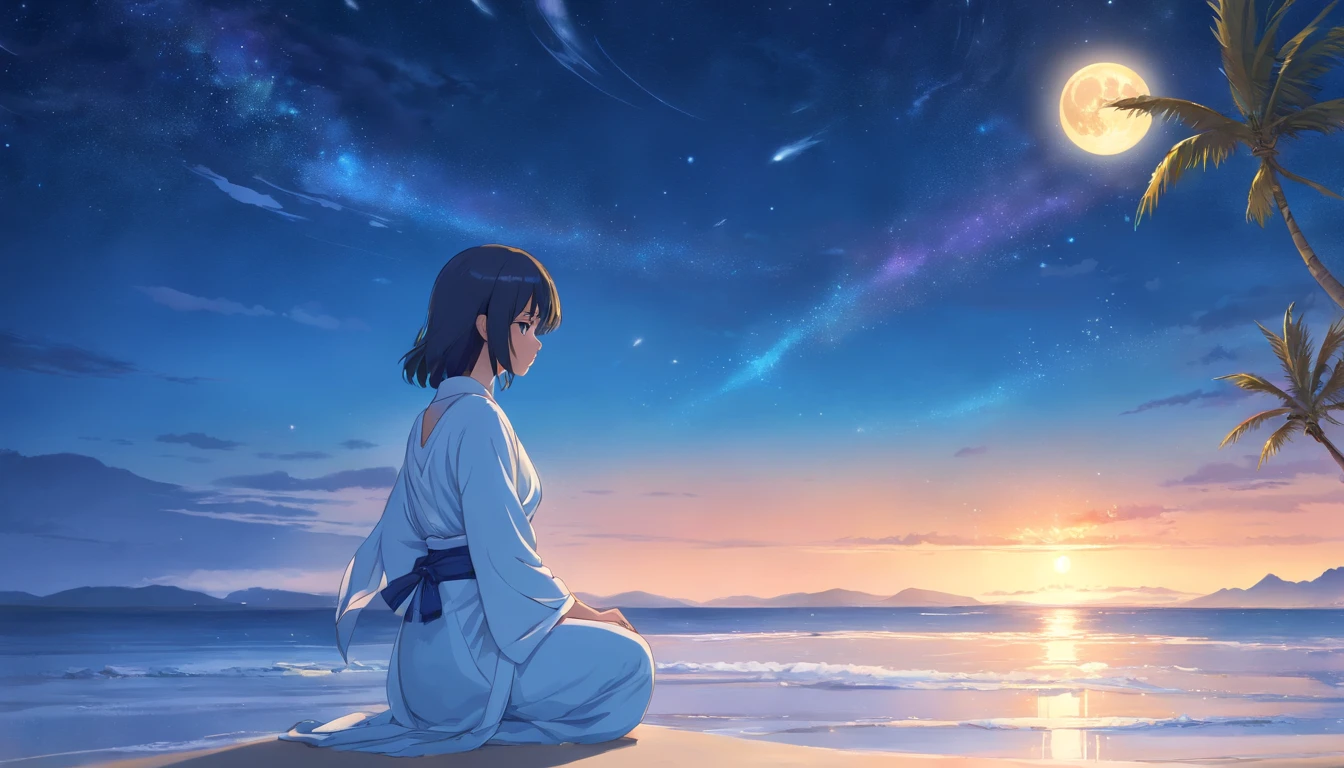 A woman sitting on the beach watching the sun set - SeaArt AI