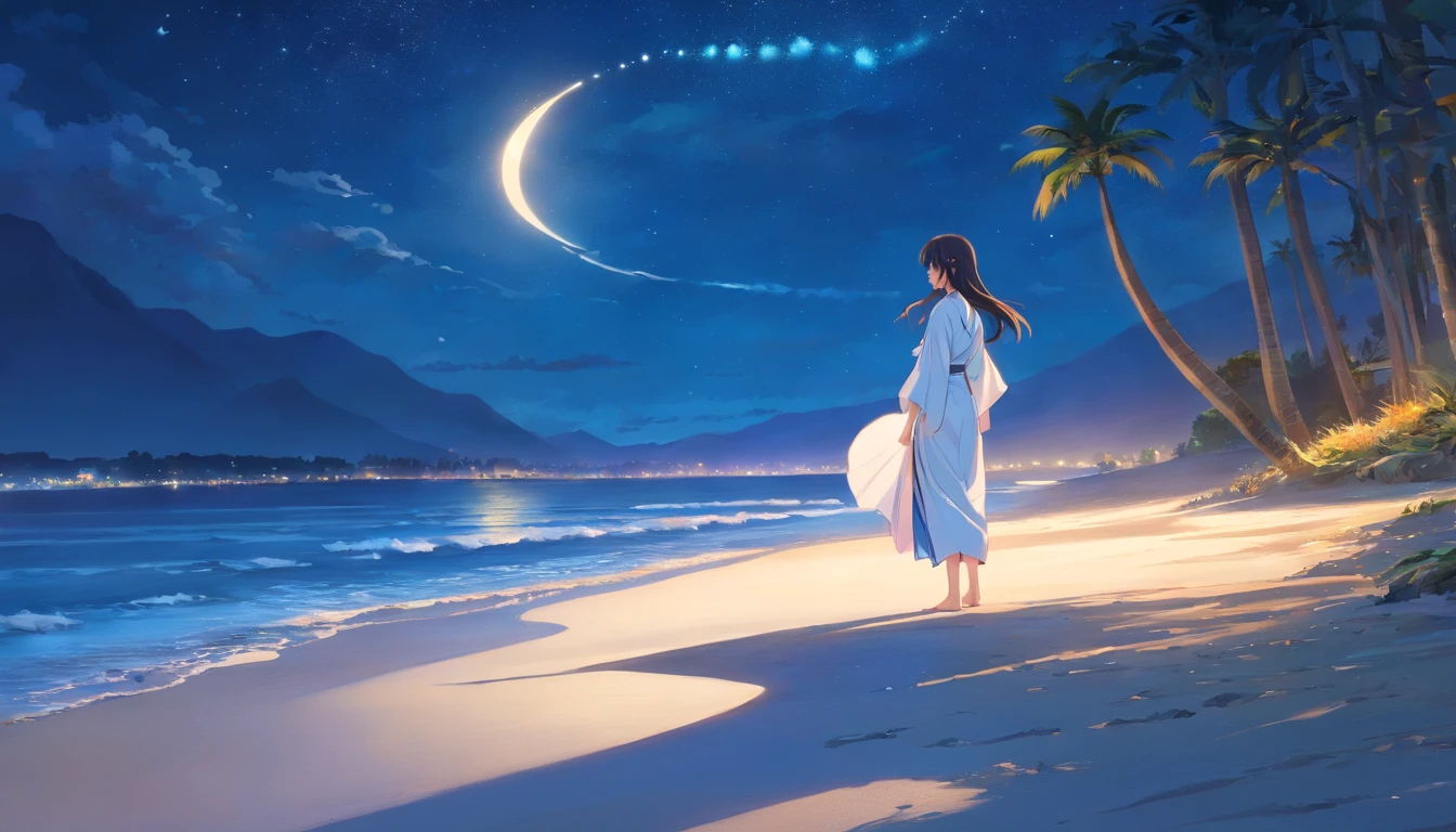 shining brightly above her, her eyes closed in deep concentration. The gentle sound of waves crashing against the shore creates a soothing rhythm that matches the tranquility of the scene. The girl sits cross-legged, her petite figure illuminated by the soft glow of the moon. Her long, flowing black hair dances in the salty breeze, intertwining with golden specks of stardust that seem to float around her. She wears a flowing white robe that billows around her like a cloud, accentuating the ethereal aura that surrounds her. In the distance, a lone palm tree stands tall, its slender silhouette painted against the canvas of the night sky. The sand beneath her seems to glow with a mesmerizing blue hue, as if it were kissed by moonlight. The stillness of the moment is palpable, as if time itself has paused to admire the beauty of this solitary meditation. This image, captured in exquisite detail, could be rendered in the style of a serene watercolor painting or a captivating long-exposure photograph, allowing the viewer to be transported to a world of peace and serenity