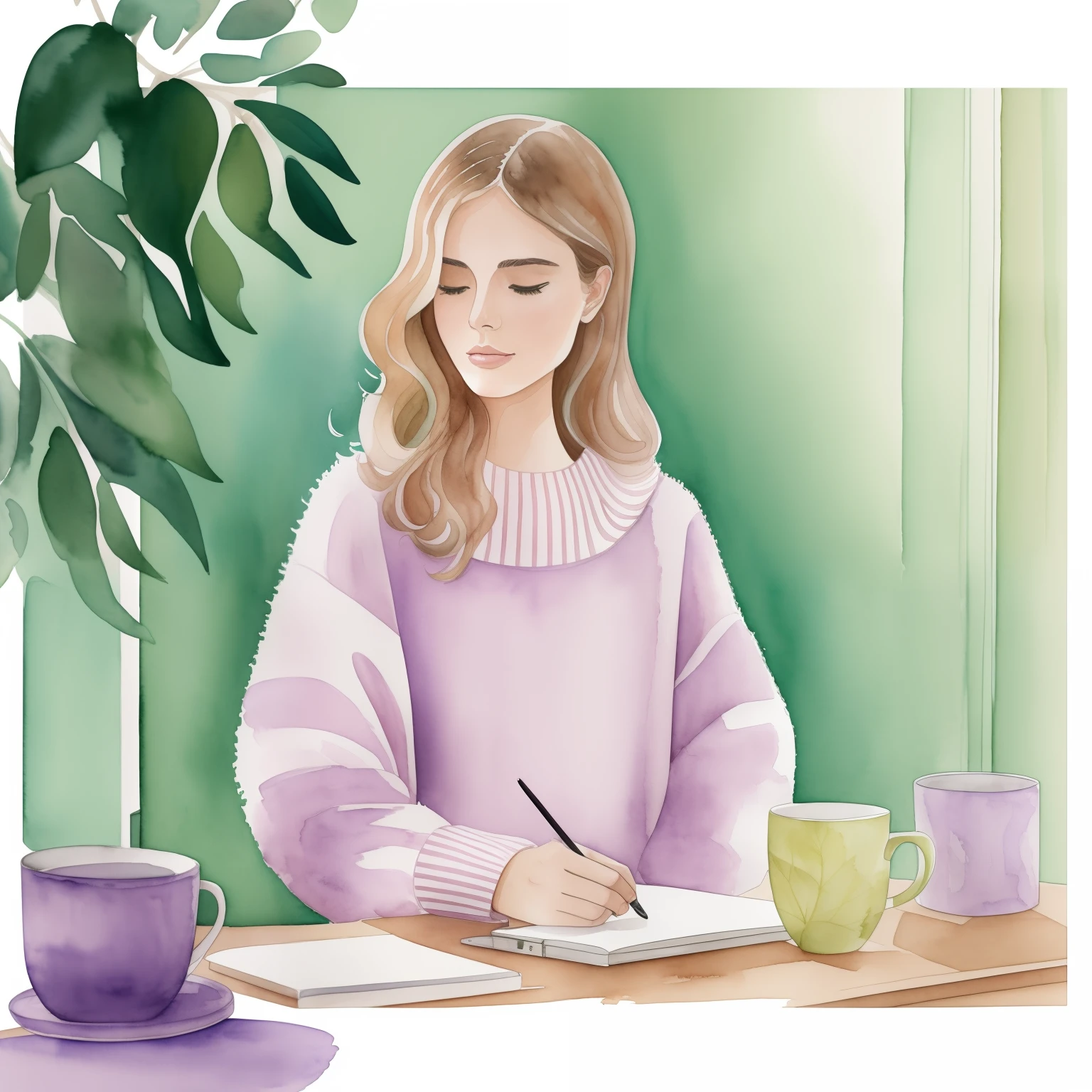 cecilia carlstedt and kasiq jungwoo fashion illustration, light brown thin hair blonde woman, fluffy lilac sweater work laptop, green tea cup, home studio paris, watercolor hand-drawn art, one woman on a picture