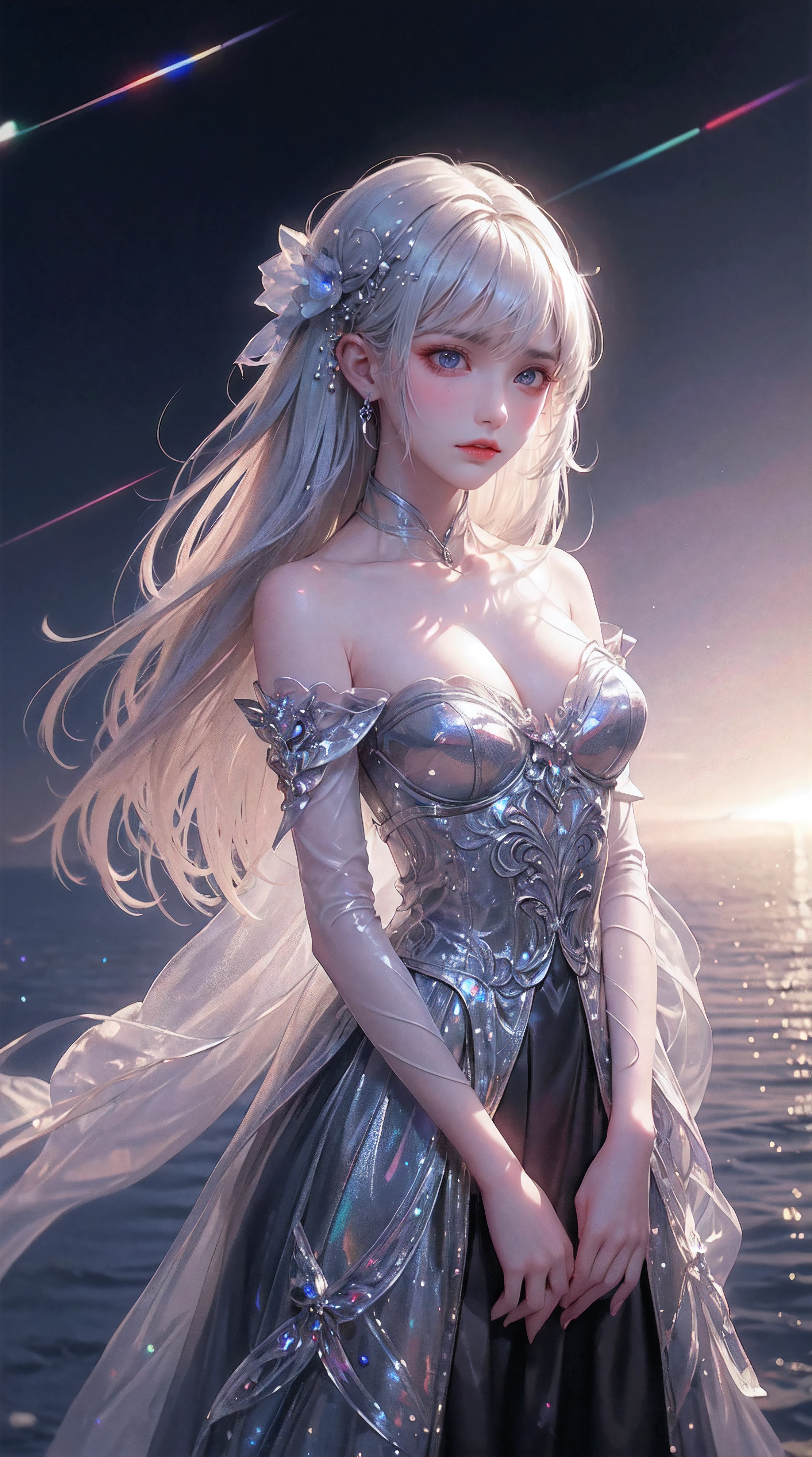 Fluorescent color, 1 girl, Look to the side, Beautiful face, Beautiful eyes, (Off-the-shoulder: 1.2), Upper body, Shiny hair, Shiny skin, Glow-emission cut, Finger proportions are coordinated, Dark, pov, dynamic angle, (((masterpiece))), (((best quality))), ((ultra-detailed)), (illustration), (detailed light), ((an extremely delicate and beautiful)), dramatic_shadow, ray_tracing, reflection, Super high resolution, laser, 30岁,dark clothes