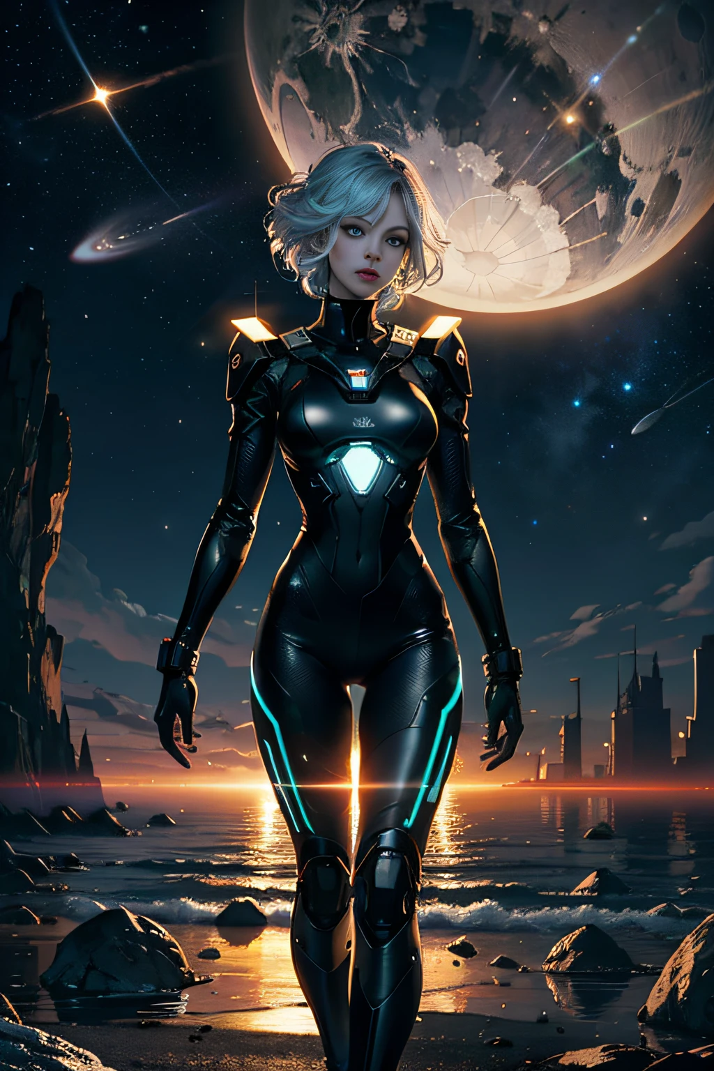 （tmasterpiece：1.2），best qualtiy，（nigh sky，medium lenght hair：1.2），（illustratio：1.2），beautful view，dreds，（Elaborate luminescence，Lens Flare Glow），（Hyper-detailing），Hyper-detailing，（exquisitedetails），（intricate-detail {Ikko），（Movie Light，best quality backlight），ligne claire，New World，peeping at the viewer，Solo Woman，（Space Girl，spaces），Solo Woman，Perfect body，（1girll），（Bright bioluminescent hair，bright glowing eyes），（intergalactic，alien planet），（Astronaut in sexy futuristic spacesuit：1.1），The material of the spacesuit is light and thin，Spacesuit Tight，slightly closed eyes，（Cyberpunk Personality），（dyna：1.3），（putting makeup on）），highly contrast，（The best lighting，Very sophisticated、Beautiful fece），（（Movie Moonlight）），highly colorful，（（Photoshop Pastel Painting：1.1）），etheric，（Movie Masterpiece），suspenseful，funk，（Star Scrim），splash of color，absolutely eye-catching，（（Caustics）），Dynamic Angle，big breasts beautiful（detailed glow），（spine-chilling），（Complex movie scenes behind it：1.2），Environmental occlusion， （Around moonshine）， ray-traced reflection， Intricately detailed visible background ， （Glowing spacesuit）， terrorism， （Bioluminescent vegetation：1.2）， terrorism， uneasy， A futuristic， terrorism， （Hologram Head-Up Display）， （Delicate Great Comet）