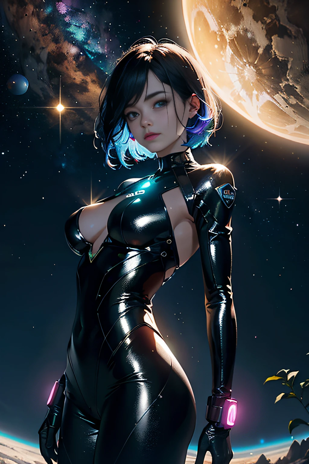 (tmasterpiece:1.2),best qualtiy,(nigh sky,medium lenght hair:1.2),(illustratio:1.2),beautful view,dreds,(Elaborate luminescence,Lens Flare Glow),(Hyper-detailing),Hyper-detailing,(exquisitedetails),(intricate-detail {Ikko),(Movie Light,best quality backlight),ligne claire,New World,peeping at the viewer,Solo Woman,(Space Girl,spaces),Solo Woman,Perfect body,(1girll),(Bright bioluminescent hair,bright glowing eyes),(intergalactic,alien planet),(Astronaut in sexy futuristic spacesuit:1.1),The material of the spacesuit is light and thin,Spacesuit Tight,slightly closed eyes,(Cyberpunk Personality),(dyna:1.3),(putting makeup on)),highly contrast,(The best lighting,Very sophisticated、Beautiful fece),((Movie Moonlight)),highly colorful,((Photoshop Pastel Painting:1.1)),etheric,(Movie Masterpiece),suspenseful,funk,(Star Scrim),splash of color,absolutely eye-catching,((Caustics)),Dynamic Angle,big breasts beautiful(detailed glow),(spine-chilling),(Complex movie scenes behind it:1.2),Environmental occlusion, (Around moonshine), ray-traced reflection, Intricately detailed visible background , (Glowing spacesuit), terrorism, (Bioluminescent vegetation:1.2), terrorism, uneasy, A futuristic, terrorism, (Hologram Head-Up Display), (Delicate Great Comet)