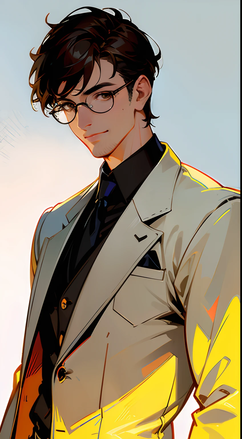 ((masterpiece,ultra-detailed, intricate details, best quality,illustration)),1man, solo, highres, looking at viewer, brown eyes, brunette, short hair, glasses, tall, smiling, wearing a suit, masculine, confident, dominant, powerful, handsome, attractive, in his 30s, strong jaw, clean face, detailed, vibrant colors, high contrast, dynamic lighting, realistic textures, illustration aesthetic