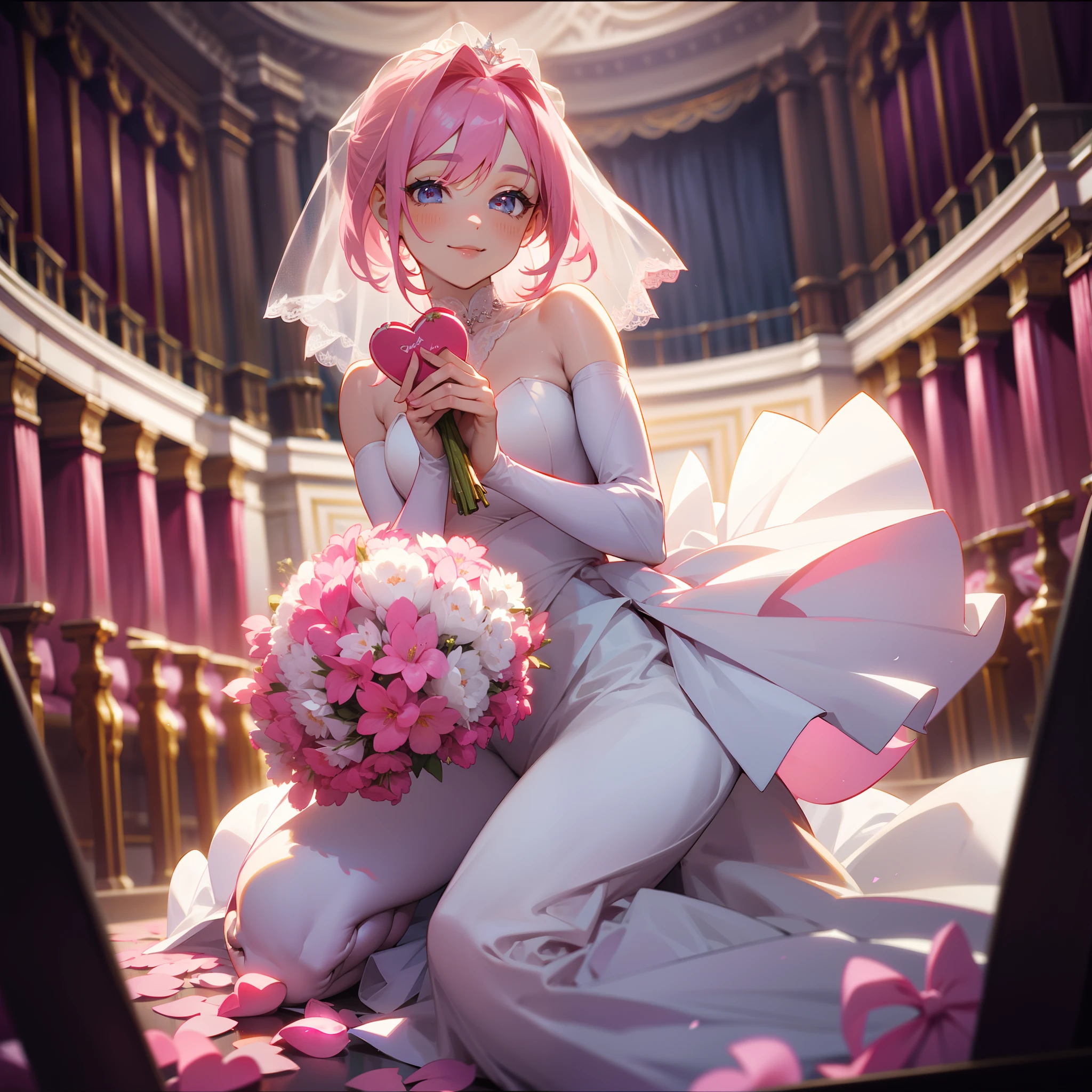 (bridegroom)，(Bridal pink hair)，(Valentine's Day)，(((theater)))，(Holding flowers)，(Facing the viewer)，(on one knee)，proud，(ssmile)，facial closeups