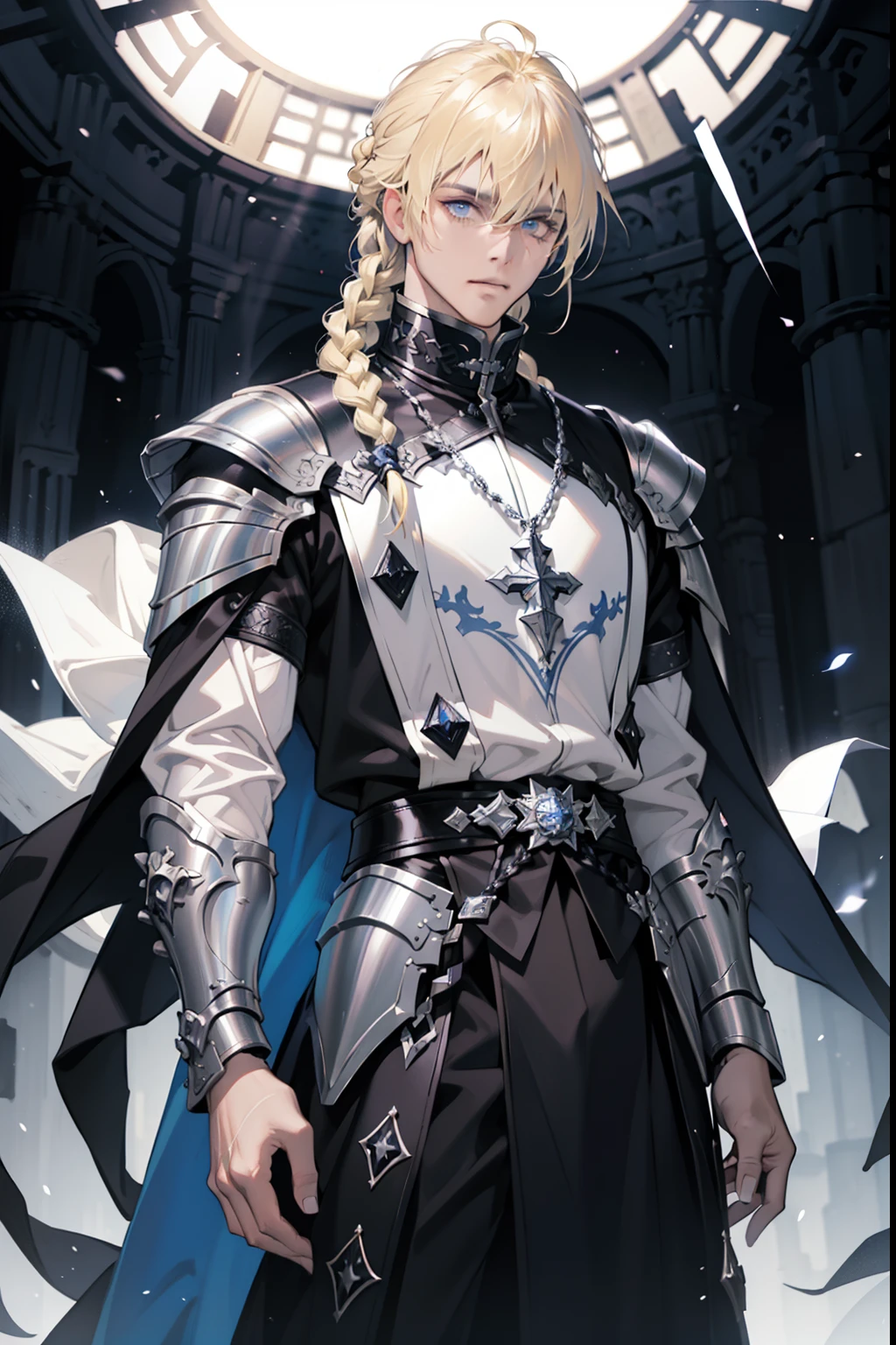 male knight,blond hairbl,Single braided hairstyle,By bangs,hair between eye,holy paladin,Black and white clothing,Capable and elegant,Religious dress,Wears silver armor,goth style。Western fantasy style,Concise background。Concise background,Masterpiece, mistic, aethereal,Blue light particles,color difference