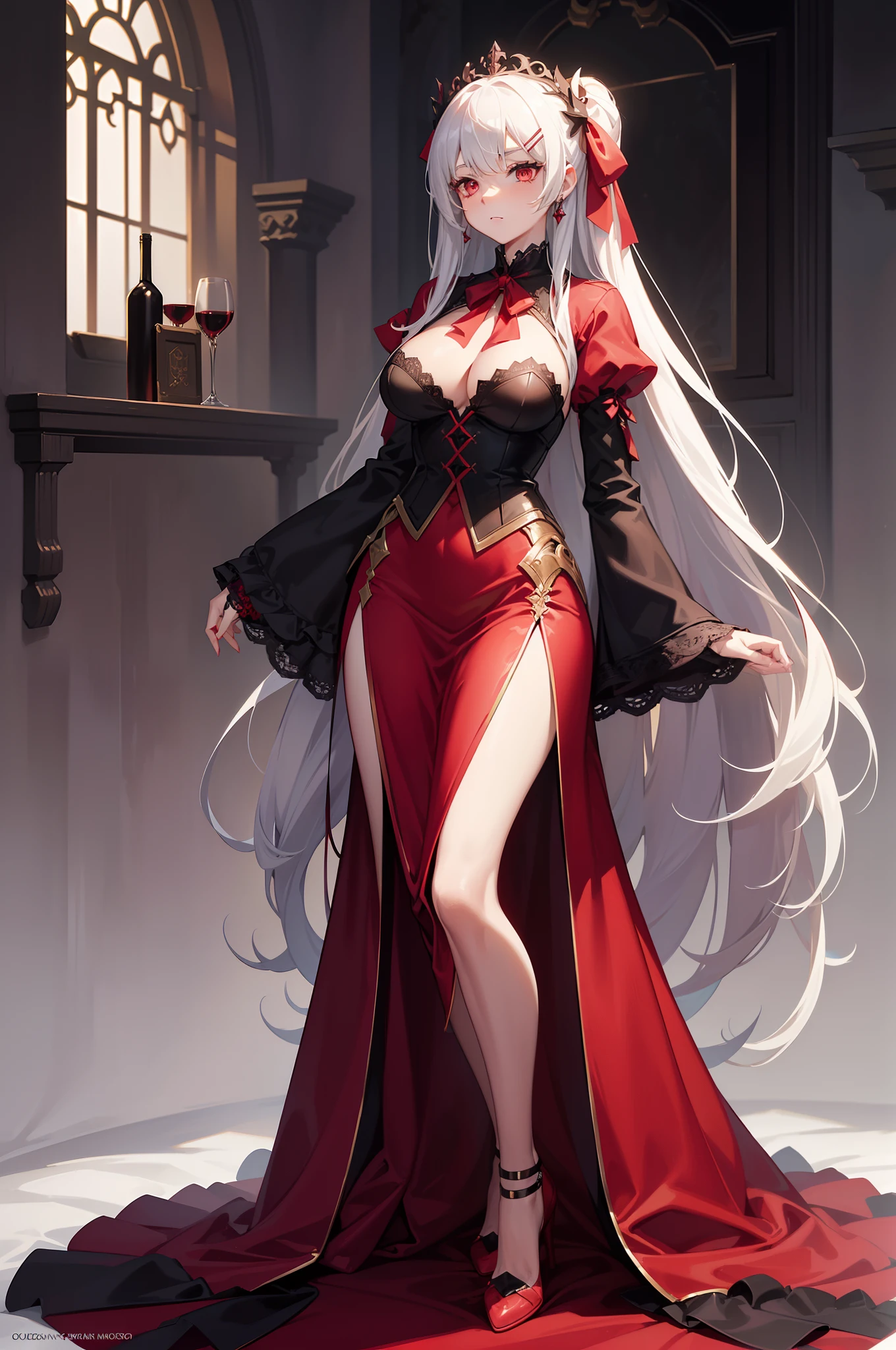 Bloodfallen Shalltear from Overlord, vampire fighter, (( tight soft black evening dress with a big heavy skirt, lace embellished ribbon and a short tailored jacket, giant ribbon on hair, multilayer skirt, hairpin, wine liquid)), (white skin, white long pony tail hairstyle, bright red pupil, bloody effect on body, anxiety aura, petite body shape), (masterpieces, high resolution, fantasy art), queen bedroom background