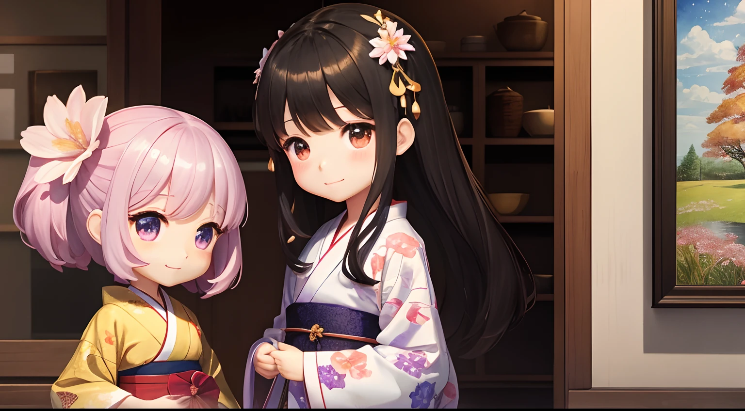 photoRealstic、Two dolls standing in front of the painting(nendroid)、A smile、Water droplets on the cheeks、In a cute pose、watercolor Nendoroid、(High Definition Figure)、Flowing iridescent silk、up of face、Eye Up、Komono、Kimono、There are also flowers in front of the nendroids、flower petals、season!!: 夏天☀ 🍂