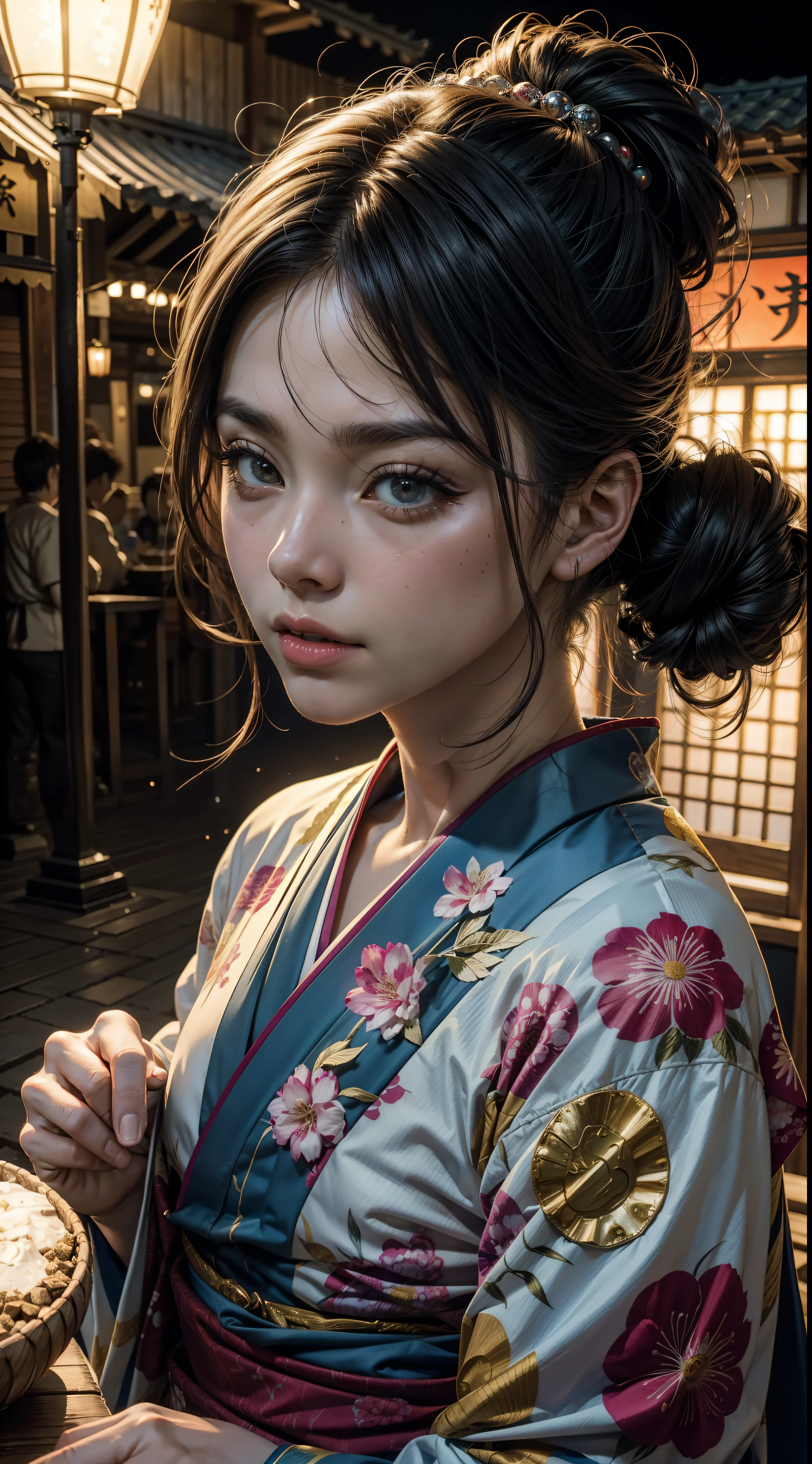 qualidade de imagem do filme，Real Photographs，hyper-realistic，Scary movie lighting，（Monstros de peixe：1.5），extremamente grande，vess de sangue，Frotting，assassino，Roar on Mount Fuji in Japan, Japan，Destroyed buildings，Muros desmoronados，brilho do fogo，The frivolous Japanese clown kimono is on the run，profundidade de campos，Luz alta，luz real，Traching de raias，oc renderizado，hyper-realistic，melhor qualidade，8k，Obras de mestres，super-fino，pelos pubianos detalhados，anatomia correta，sharp focus on eyes，Bokeh，The facial features are carefully represented in bloom
