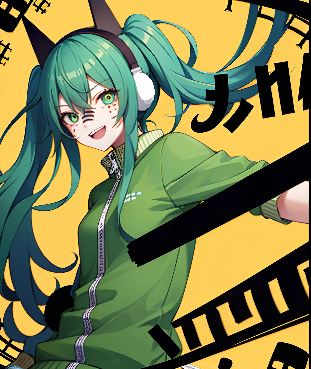 1girl in, Solo, Twin-tailed, very_Long hair, Teal Hair, aqua eyes, Matryoshka_(VOCALOID), (Dark style:1.15), (Crazy_Eyes:1.2), Multicolored_Eyes, Hatsune Miku, facial mark, (lightsmile:1.1), gloves, brown_gloves, Jacket, zettai_ryouiki,  black hairband, Earmuffs, Green jacket, Yellow background,  Upper body only, close-up, Crazy,