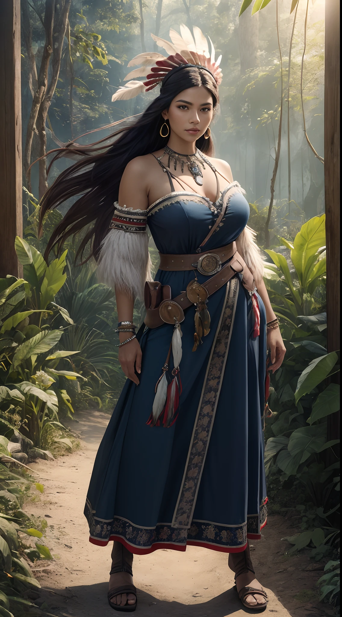 ((masutepiece)), ((Best Quality)), ((hight resolution)), Extremely detailed)), One girl as a costume for Pocahontas, Full body, Beautiful Native American Woman, Mature Woman, Big Breast, (Super realistic), (matchless beauty), Detailed skin texture, Detailed Cloth Texture, beautifull detailed face, Intricate details, ultra-detailliert, Indigenous Feather Jewelry, Headdress of feathers, Traditional handmade dresses, Armed Female Hunter Warrior, Smile at your audience, Dynamic Pose, ((Aim for the bow)), (((Wild west))) environment, in the jungle, A hyper-realistic, Concept art, Elegant, ((Convoluted)), ((Highly detailed)), depth of fields, ((professionally color graded)), soft ambient lighting, Dusk, (Best Quality, hight resolution, Photorealistic, primitive, 8K,masutepiece, ),Best Quality, Master Piec 8K.nffsw. Hi-Lib:1.2, film grains, Blur blur:1.2, Lens Flare, (vivd colour:1.2), (Delicate),