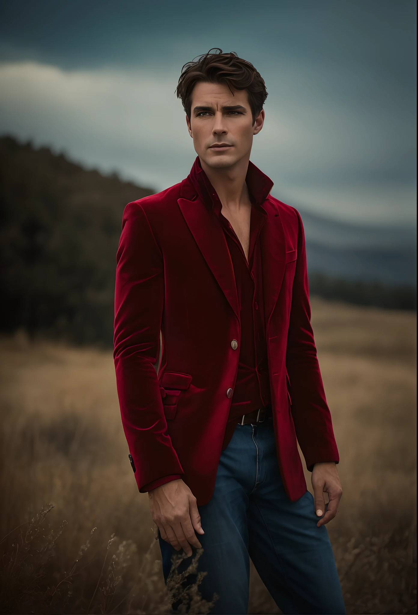 Un homme en rouge , photo dans le style de Patrick Demarchelier. (Dressed in a red velvet jacket and blue jeans:1.2) , Grand et en forme , (40 ans :1.1), (shaven:1.2), (very short brown hair:1.3),(very short hair:1.3). in the style of ethereal beauty, Realistic blue sky, Hasselblad 1600F, Hyperrealistic portrait, couleurs vives, Lignes dynamiques, lisse et poli .