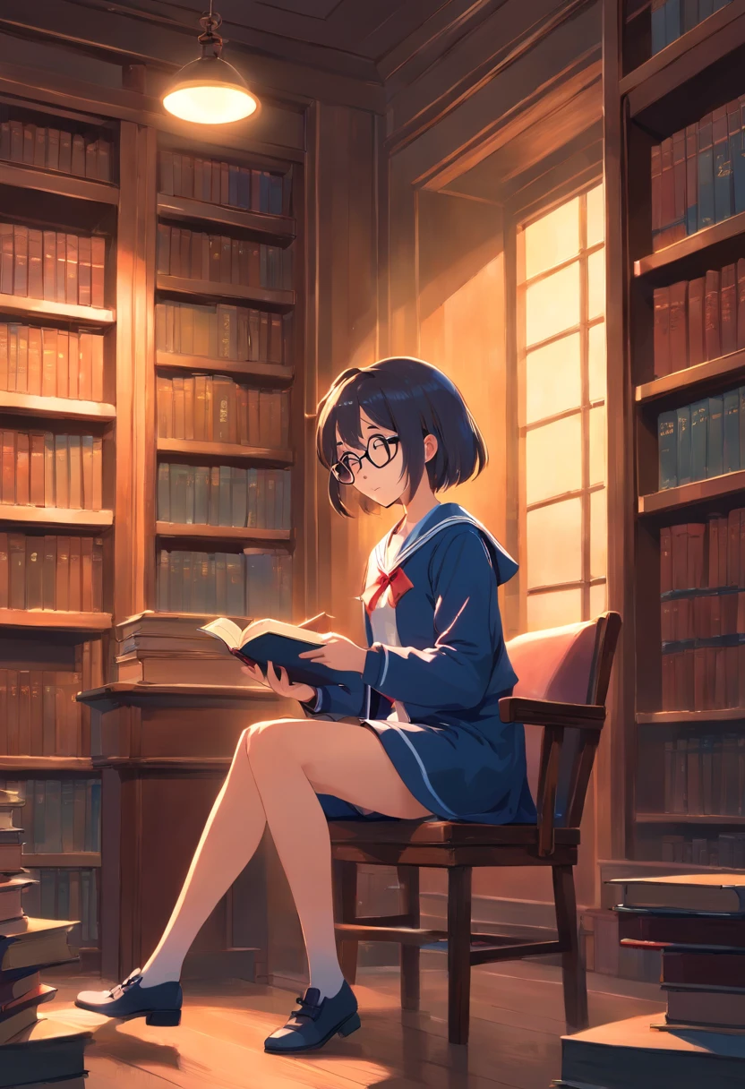 Large library、old library、Heavy bookshelves、In the dimly lit chamber:1.2、Large reading seats、Girl sitting on a chair at a desk and reading a book、Girl with round glasses、girl in sailor suit