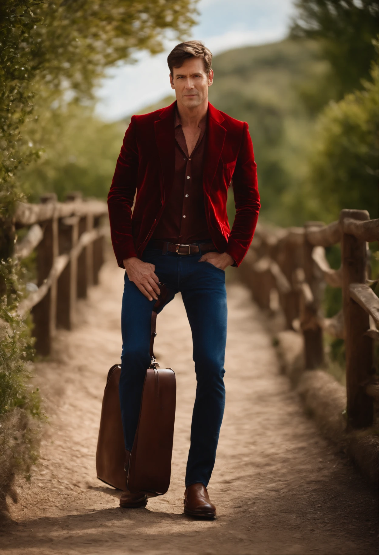 A handsom man in red, the style of patrick demarchelier. wearing a red velvet jacket and blue jeans , Tall and fit, (40 years old:1.1), (shaven:1.2), (short  brown hair:1.5),(very short hair:1.6). in the style of ethereal beauty, realistic blue skies, hasselblad 1600f, hyper-realistic portraiture, bold colors, dynamic lines, smooth and polished .