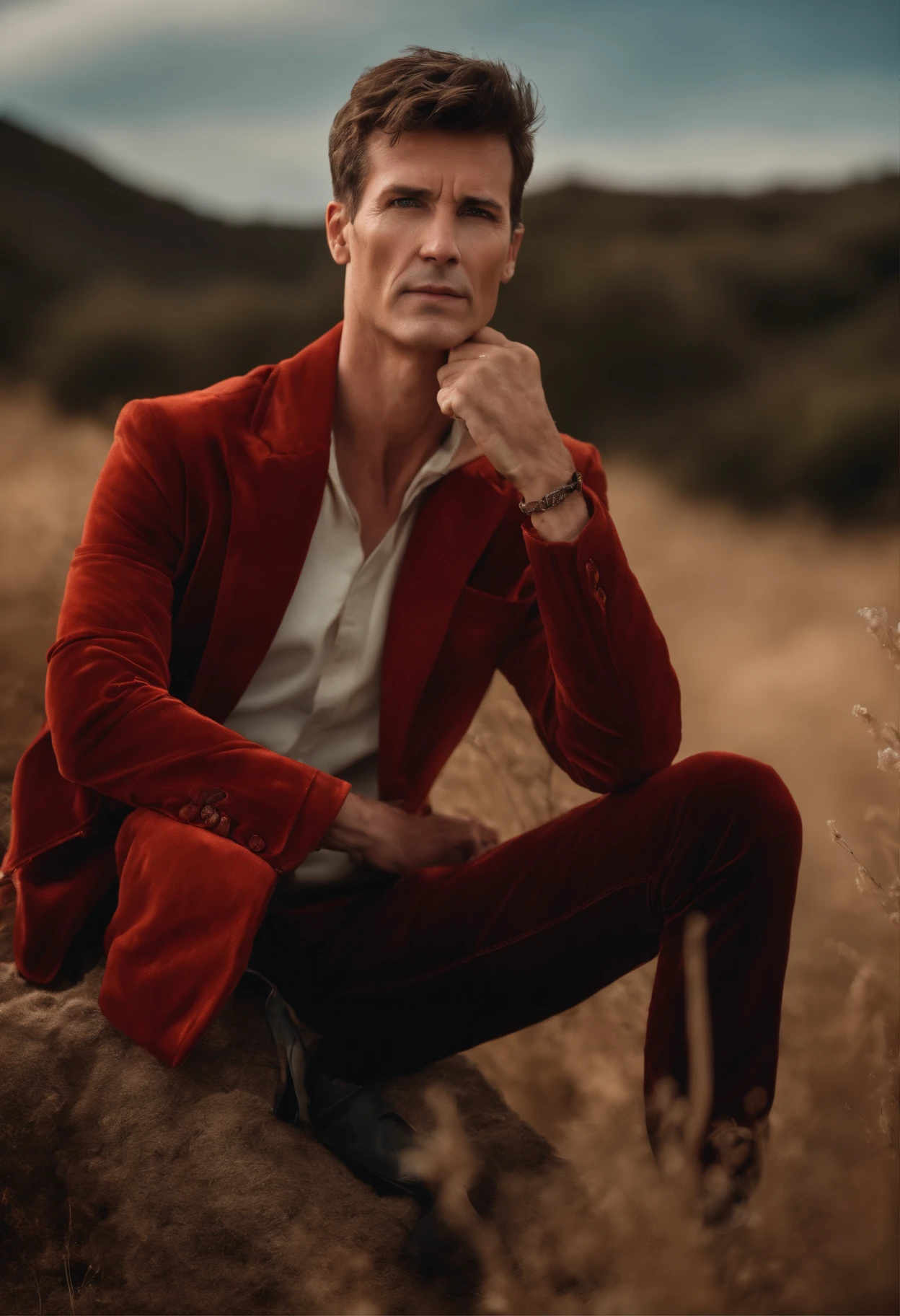 A handsom man in red, the style of patrick demarchelier. wearing a red velvet jacket and blue jeans , Tall and fit, (40 years old:1.1), (shaven:1.2), (short brown hair:1.5),(very short hair:1.6). in the style of ethereal beauty, realistic blue skies, hasselblad 1600f, hyper-realistic portraiture, bold colors, dynamic lines, smooth and polished .