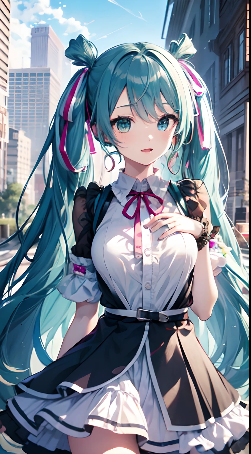(masutepiece, Super Detail,) Anatomically correct, 1 anime girl, nigomiku, Heterochromia, aqua eyes, Pink eyes, White skirt, With sparkly eyes and long, fluffy blue hair,, She wears colorful clothes、Man with her amazing voice々Fascinates. Her name is Hatsune Miku, The most famous virtual singers in the world.