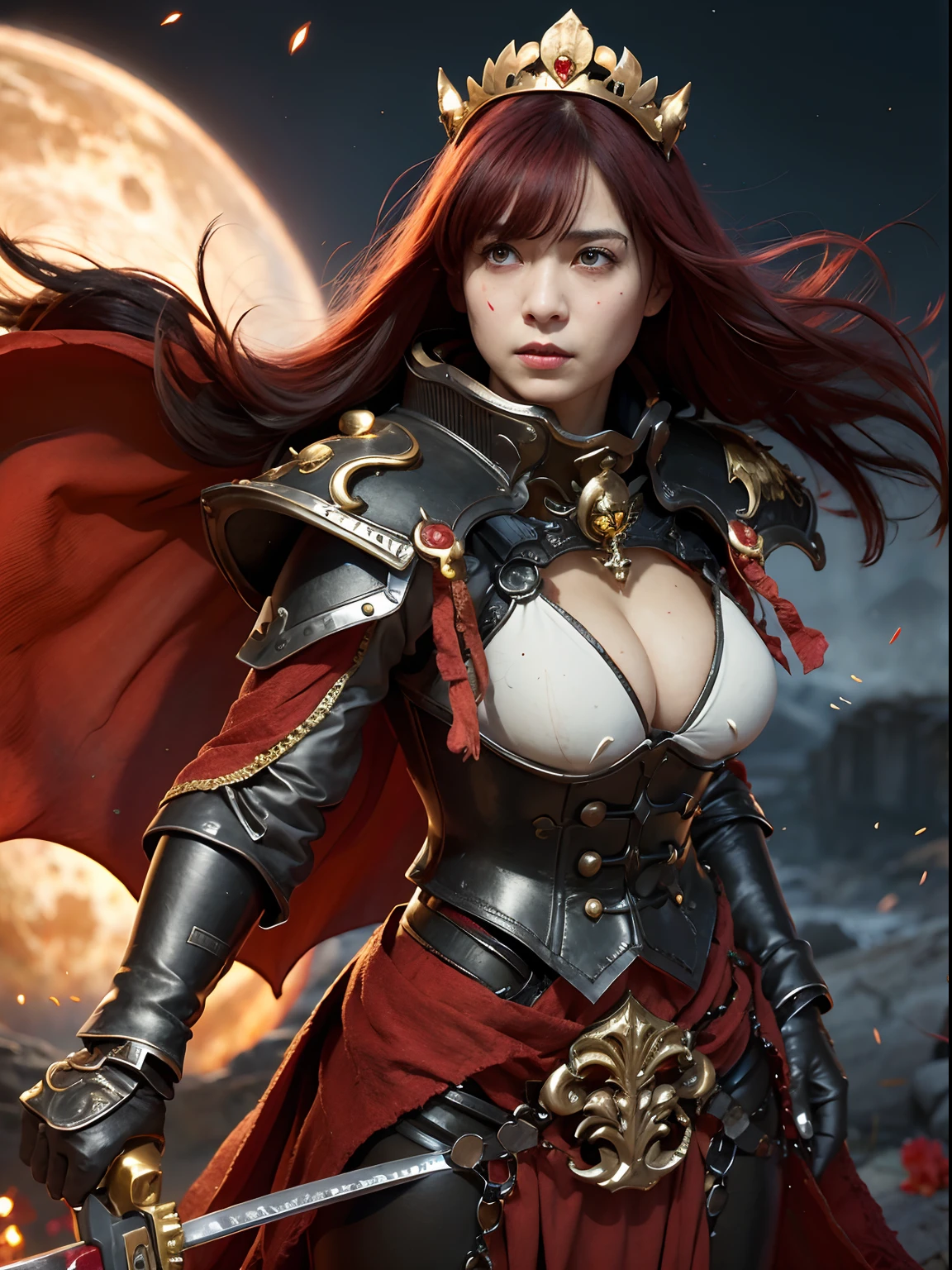 (Bleeding from the head), Professional , masterpiece、top-quality、photos realistic , depth of fields (Gemstone Black Metal Body:1.9),(Matte Black、Toostock、(cleavage of the breast)、((Random Hairstyles 1.6),Dark Fantasy,)explosions、intense fighting、Blood on the face,Blood Rain,Blood fog(blood splattere:1.2),Dragon Gold Weapon,Mystical expression、Particles of light、Fight dragons、(),Gorgeous Silver Weapons ,(( Dragon's dense and gorgeous sword)) , Beautiful knife ,warhammer 40k , adepta sororitas,Detail and gorgeous crown、((Red hair))、(Castle background)、、((Gangle's forest background))、Beautiful Caucasian beauty、1a person、dynamic ungle,(((Detailed and ornate Black Devil Crown)))、Smaller head、A smile、Castle background、Thin and beautiful female hands、cleavage of the breast、Soldier in iron armor on background、Mystical expression、Light Effects、intense fighting、Wind-effect、magic circles、With the legendary magic wand、(demonic wings)、