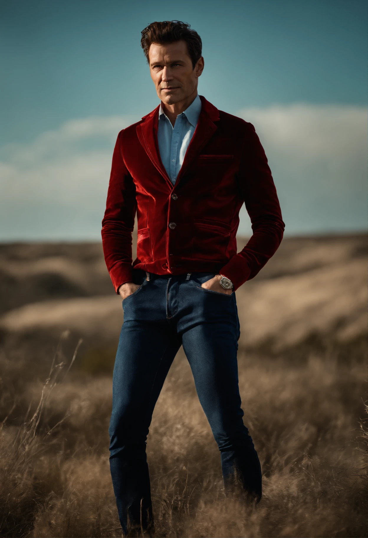 A handsom man in red, the style of patrick demarchelier. wearing a red velvet jacket and blue jeans , Tall and fit, (40 years old:1.1), (shaven:1.2), (short brown wave hair:1.5),(very short hair:1.6). in the style of ethereal beauty, realistic blue skies, hasselblad 1600f, hyper-realistic portraiture, bold colors, dynamic lines, smooth and polished .