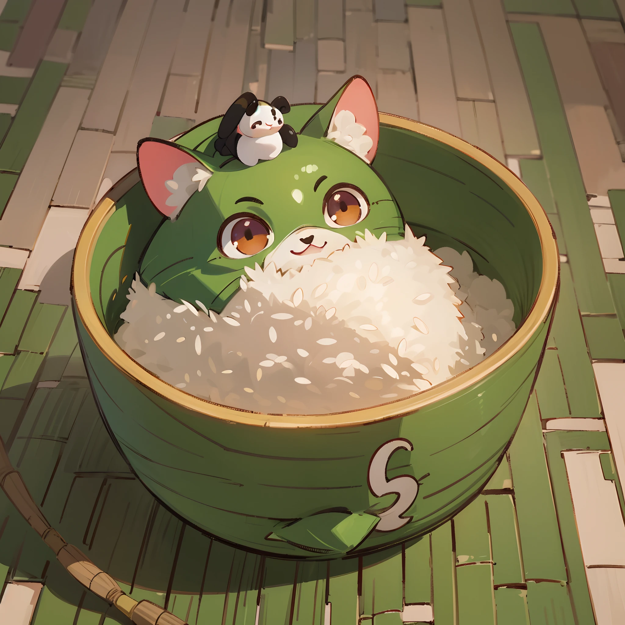 (a little Fuwa wearing a green tricorn hat), (sitting in a large bamboo bowl), rice dumplings, rice dumplings, cute 3D renderings, cute detailed digital art, cute digital art, cute cartoon characters, cute digital paintings, cute! c4d, cute character, popular japanese 3d, (white background), super detailed, thanks to chiding, japanese mascot 3d model, Nendoroid 3D, cute forest creature