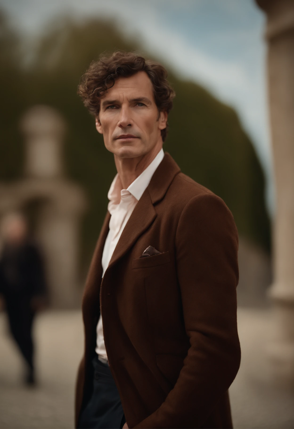 Un homme Handom (en rouge:1:1), (Dans le style de Patrick Demarchelier). porter une veste, Grand et en forme, (40 ans:1.1), (shaven:1.2), (short brown hair and a little curly:1.5),(very short hair:1.6). in the style of ethereal beauty, Realistic blue sky, Hasselblad 1600F, Hyperrealistic portrait, couleurs vives, Lignes dynamiques, lisse et poli .