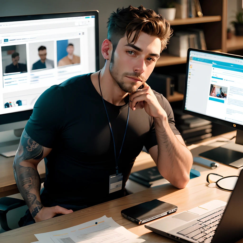 Male e-commerce instructor，A half body，Sit at a computer desk，Very real