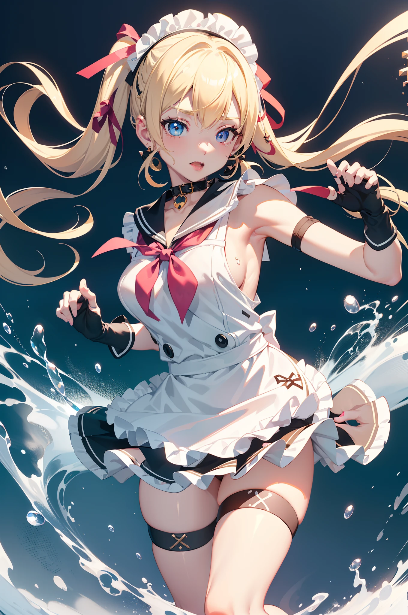 marie rose from dead or alive, female junior fighter, ((ribbon, earring, fingerless glove, apron, sailor collar, vibrating egg shape toy on thigh)), (blonde twin tail with ribbons, messy fang, cute and lovely aura, bright pupil, charming effect, petite body shape), (3D comic art style, masterpieces, high resolution, wet body detailed), prison background