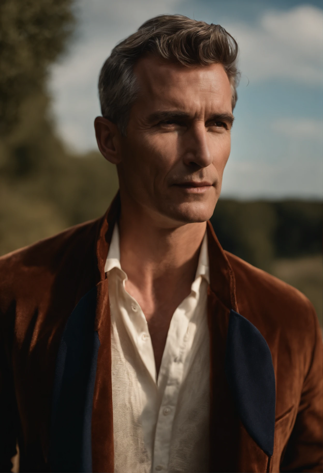 Un homme en rouge, Le style de Patrick Demarchelier. Dressed in a red velvet jacket and blue jeans , Grand et en forme, (40 ans:1.1), (shaven:1.2), (short brown wavy hair:1.5),(very short hair:1.6). in the style of ethereal beauty, Realistic blue sky, Hasselblad 1600F, Hyper-realistic portrait, couleurs vives, Lignes dynamiques, lisse et poli .