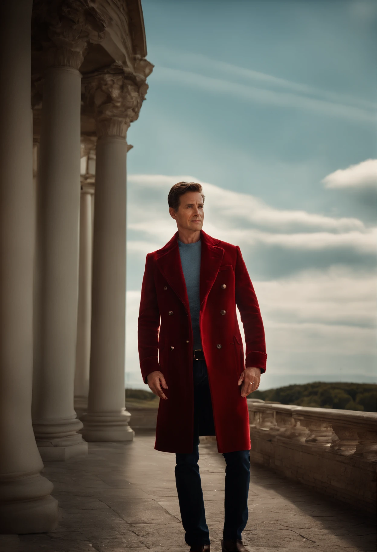 A handsom man in red, the style of patrick demarchelier. wearing a red velvet jacket and blue jeans , Tall and fit, (40 years old:1.1), (shaven:1.2), (short brown  wave  hair:1.5),(very short hair:1.6). in the style of ethereal beauty, realistic blue skies, hasselblad 1600f, hyper-realistic portraiture, bold colors, dynamic lines, smooth and polished .