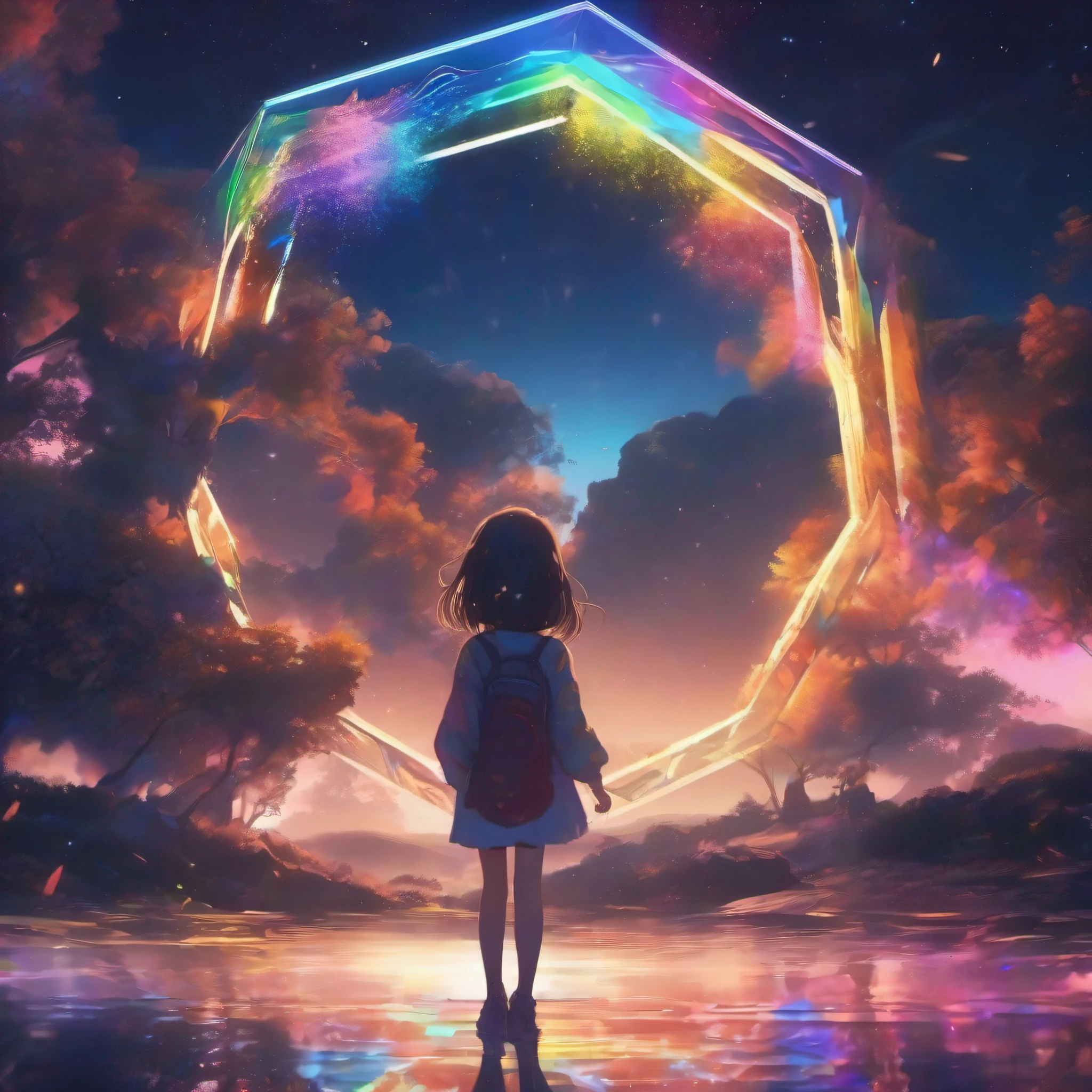 Beautiful scene,(((no Animal))),Best Quality,Illustrations,Ultra-detailed,Beautiful detailed glow,4K,Best Shadow,
girl with,(((rainbow effect))),(((((Blackback)))))Inserting a into the(((Hexagonal framework))),((lapis lazuli)),(((rainbow effect))),((meteors))