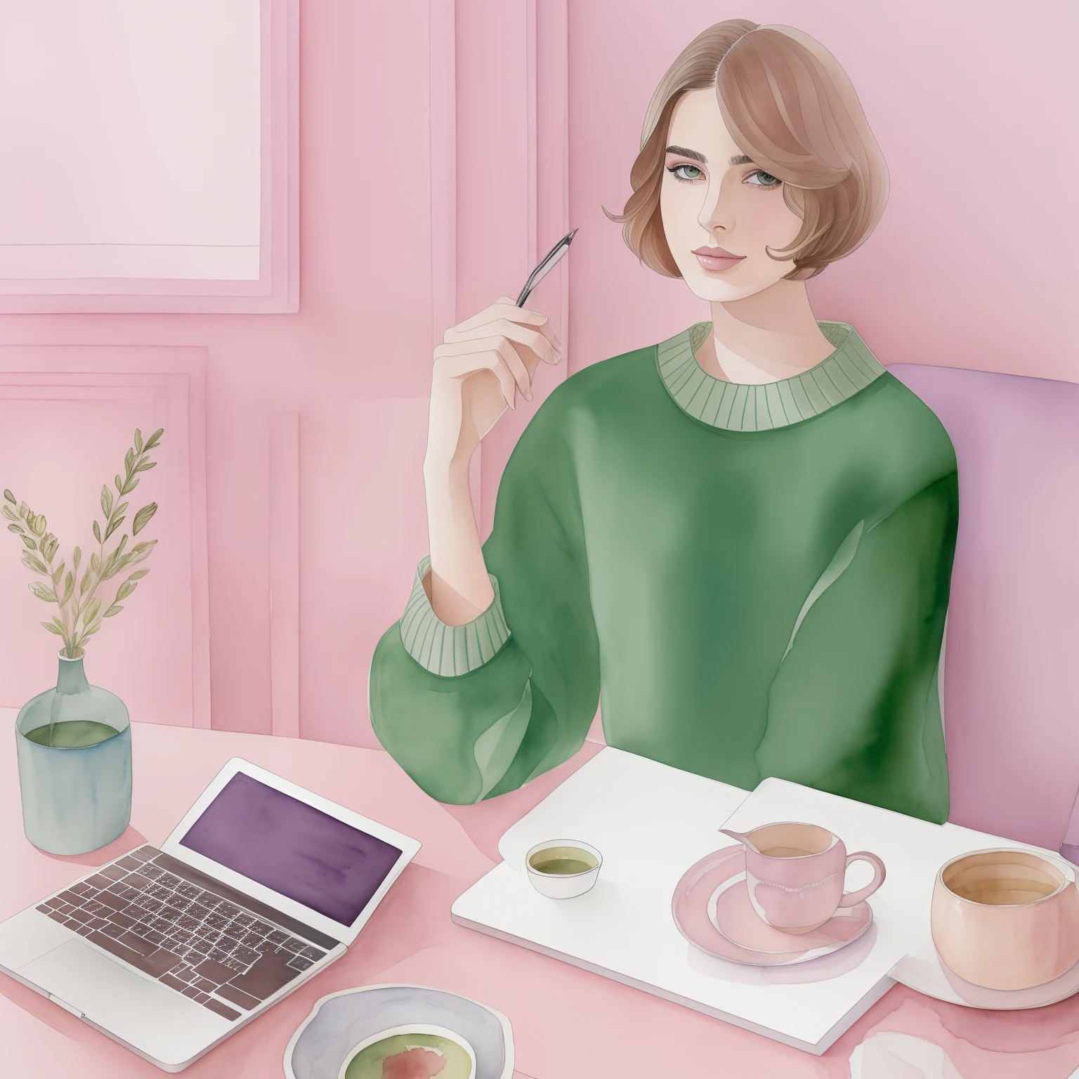 cecilia carlstedt and kasiq jungwoo fashion illustration, light brown thin hair blonde french bob haircut woman, andreea diaconu, fluffy lilac sweater work laptop, green tea cup, home in paris, watercolor hand-drawn art, peach, pink color, one woman on a picture