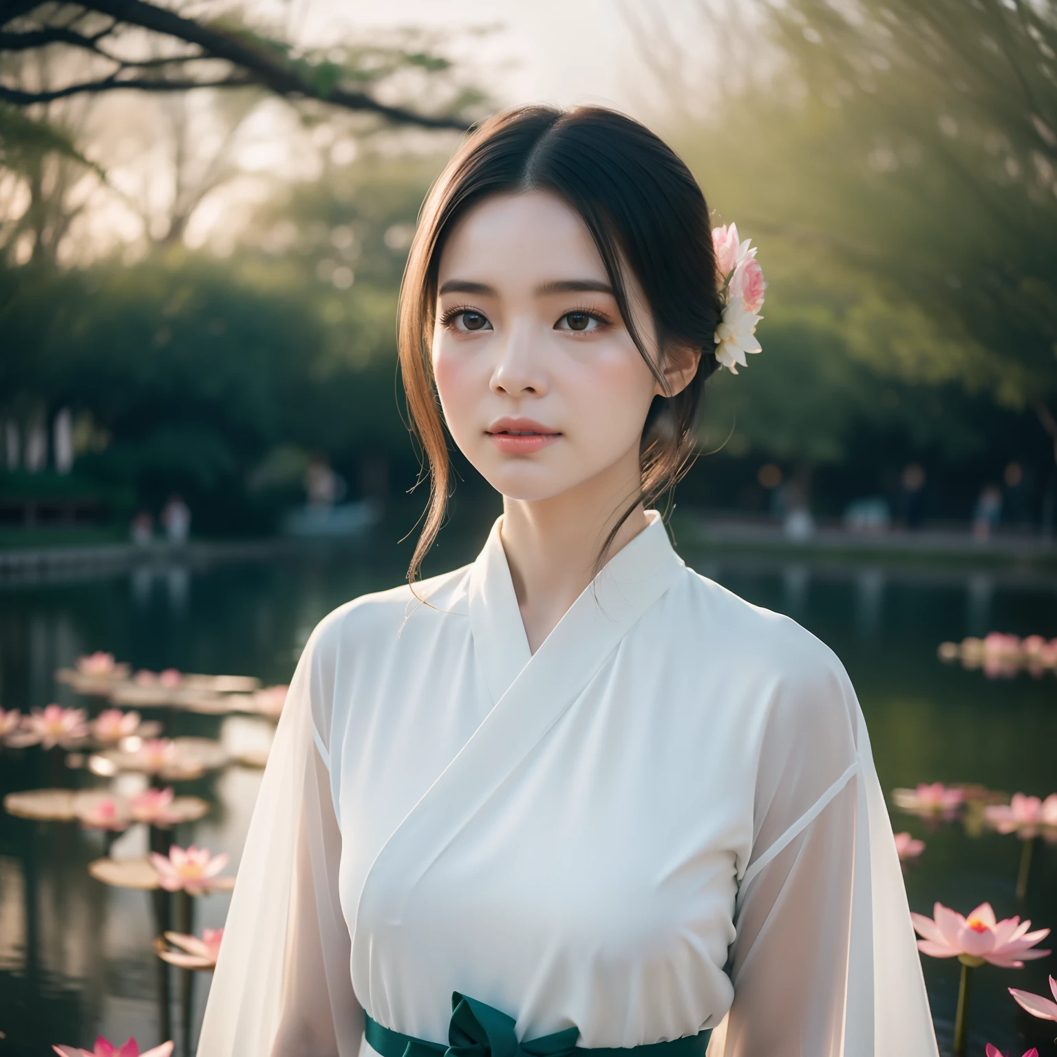 Ultra photo realsisim,ultra-delicate,filmposter,Lotus pond,There is a small pavilion on the lake,The young lady in Hanfu is walking,Real Persono,(Hanfu Fairy 1.3)(Delicate facial features1.3)(Delicate hands 1.3)(Warm sunshine 1.3)(70-200mm lens close-up 1.2),Cinematic lighting effects,Extreme light chasing,(Delicate skin1.3),photore,