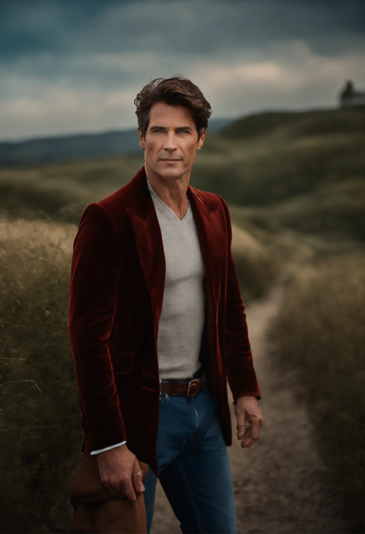 Un homme en rouge, Le style de Patrick Demarchelier. Dressed in a red velvet jacket and blue jeans , Grand et en forme, (40 ans:1.1), (shaven:1.2), (short brown wavy hair:1.5),(very short hair:1.6). in the style of ethereal beauty, Realistic blue sky, Hasselblad 1600F, Hyper-realistic portrait, couleurs vives, Lignes dynamiques, lisse et poli .