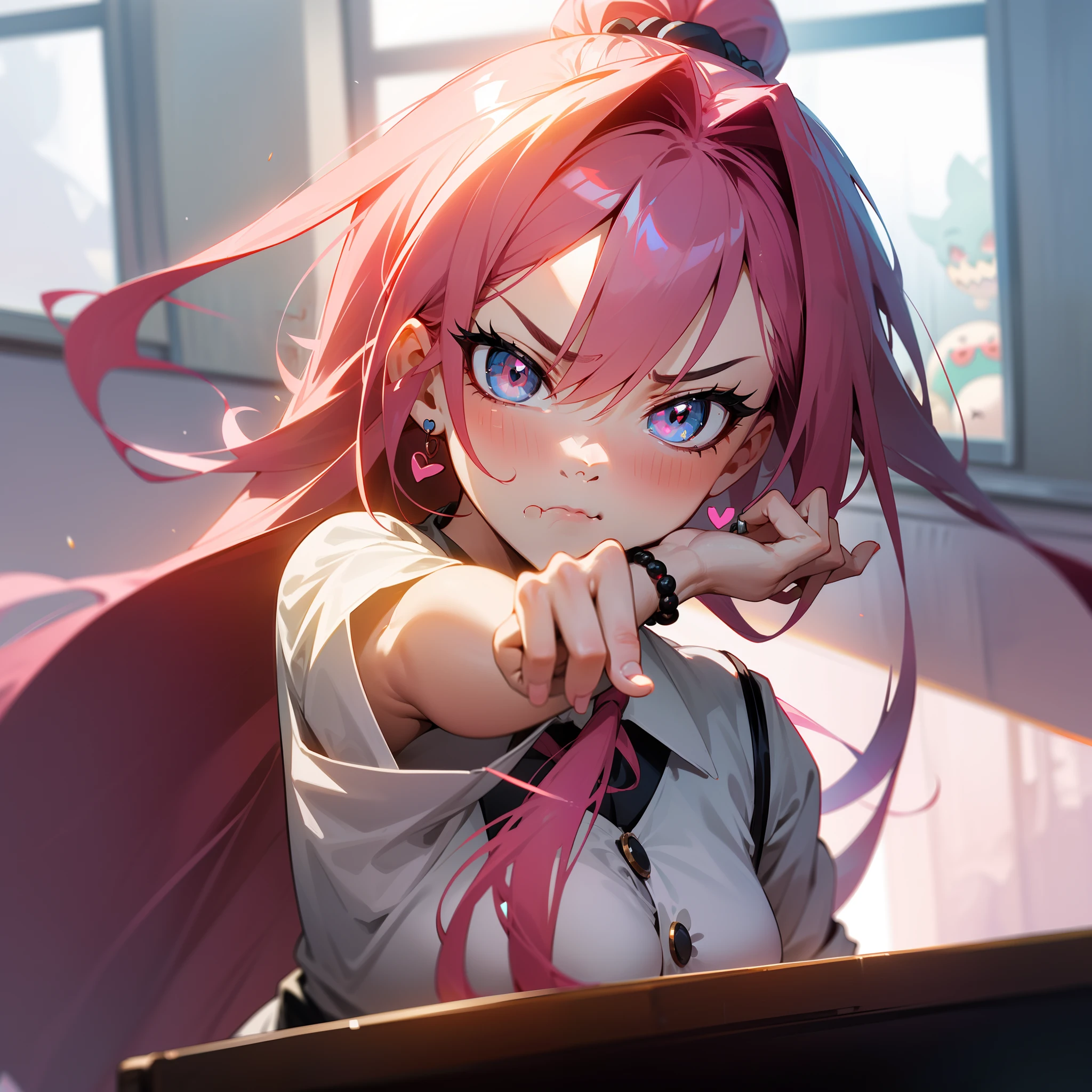 first person perspective,Exquisite facial features,Seven-doppelganger shot,s the perfect face,miss,(Kizi),(pupils),Gradient eye,beautiful pupil,clench one's teeth,((Pout)),((Be red in the face)),(scowling),long whitr hair,High ponytail,Hair between the eyes,(Heart-shaped dull hairs),Bracelet,Hair rings,shairband,Pink hair,(Put your hand to your mouth),(((Boo gesture))),(sitted)(((Classroom)))