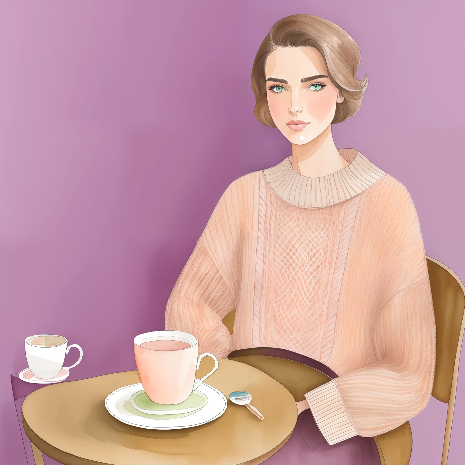 cecilia carlstedt and kasiq jungwoo fashion illustration, light brown thin hair blonde french bob haircut woman, andreea diaconu, fluffy lilac sweater work laptop, green tea cup, home in paris, watercolor hand-drawn art, peach, pink color, one woman on a picture