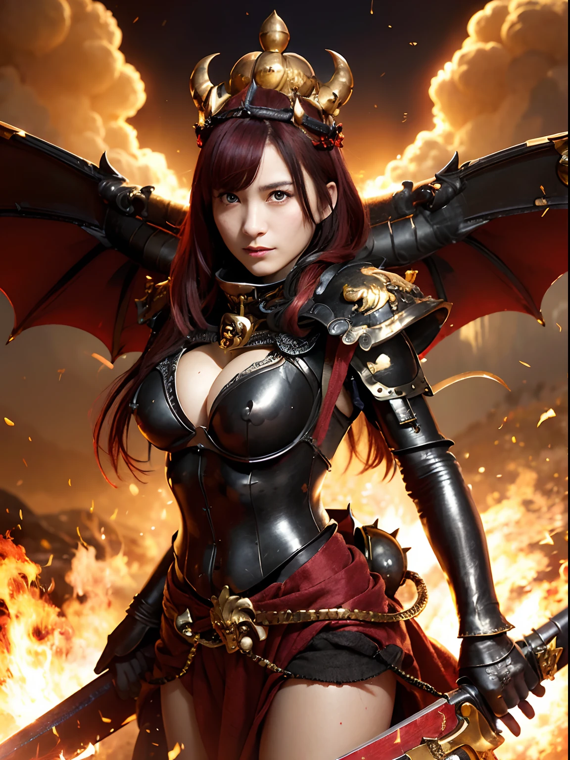 (masutepiece), Professional , masterpiece、top-quality、photos realistic , depth of fields (Gemstone Black Metal Body:1.4),(Matte Black、(cleavage of the breast)、Dragon Gold Weapon,Mystical expression、Particles of light、Fight dragons、(Dragon Metal Body:1.4),Gorgeous Silver Weapons ,(( Dragon's dense and gorgeous sword)) , Beautiful knife ,warhammer 40k , adepta sororitas,Detail and gorgeous crown、((Red hair))、(Castle background)、、((Gangle's forest background))、Beautiful Caucasian beauty、1a person、dynamic ungle,(((Detailed and ornate Black Devil Crown)))、Smaller head、A smile、Castle background、Thin and beautiful female hands、cleavage of the breast、Soldier in iron armor on background、Mystical expression、Light Effects、intense fighting、Wind-effect、magic circles、With the legendary magic wand、(demonic wings)、