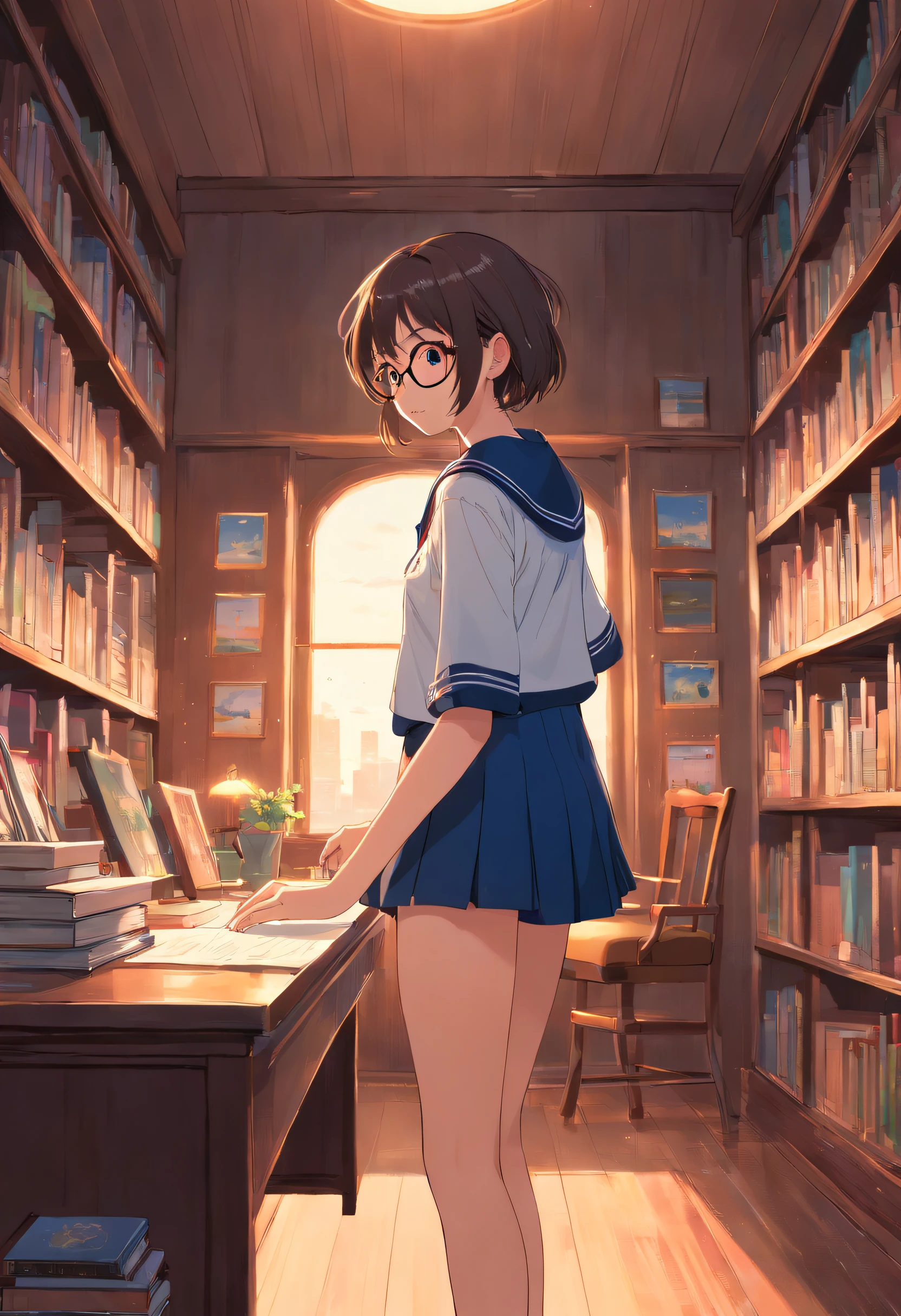 ((Extremely detailed)),(8K),Best Quality, (Beautiful),((masutepiece)), ((Best Quality)),Large library、old library、Heavy bookcase、In the dimly lit chamber:1.2、Large reading seats、Girl sitting on the windowsill、Realistic portraits、Girl sitting on desk chair reading book、girl wearing round glasses、Schoolgirl in sailor suit