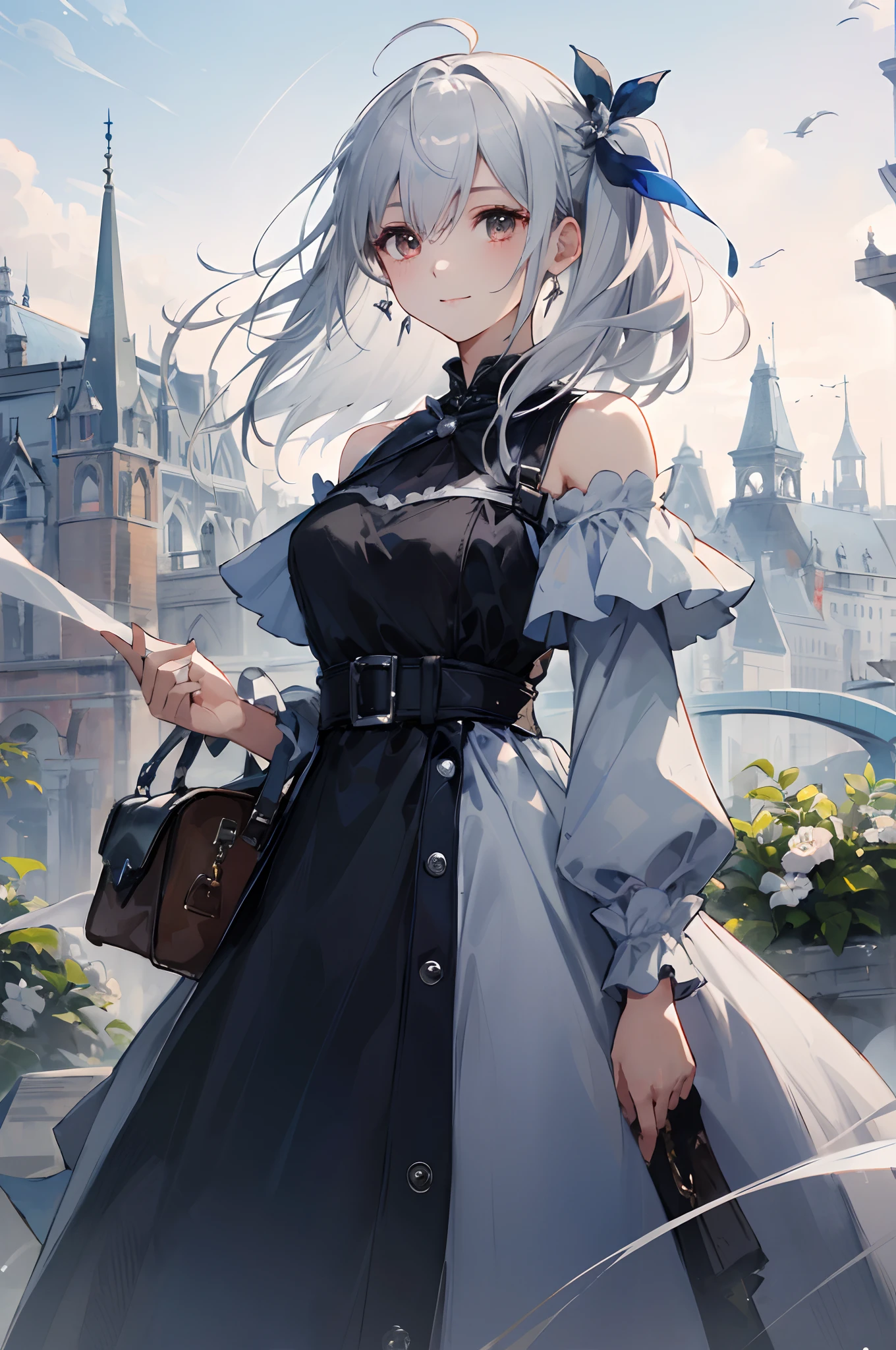 (tmasterpiece、top-quality、illustratio、Extremely high quality、high-level image quality、Extremely sensitive writing)White-haired girl standing in beautiful garden、A slight smile、She has a large bouquet、Cute national costume style dress，There are ruffles on the shoulders、Hair fluttering in the wind