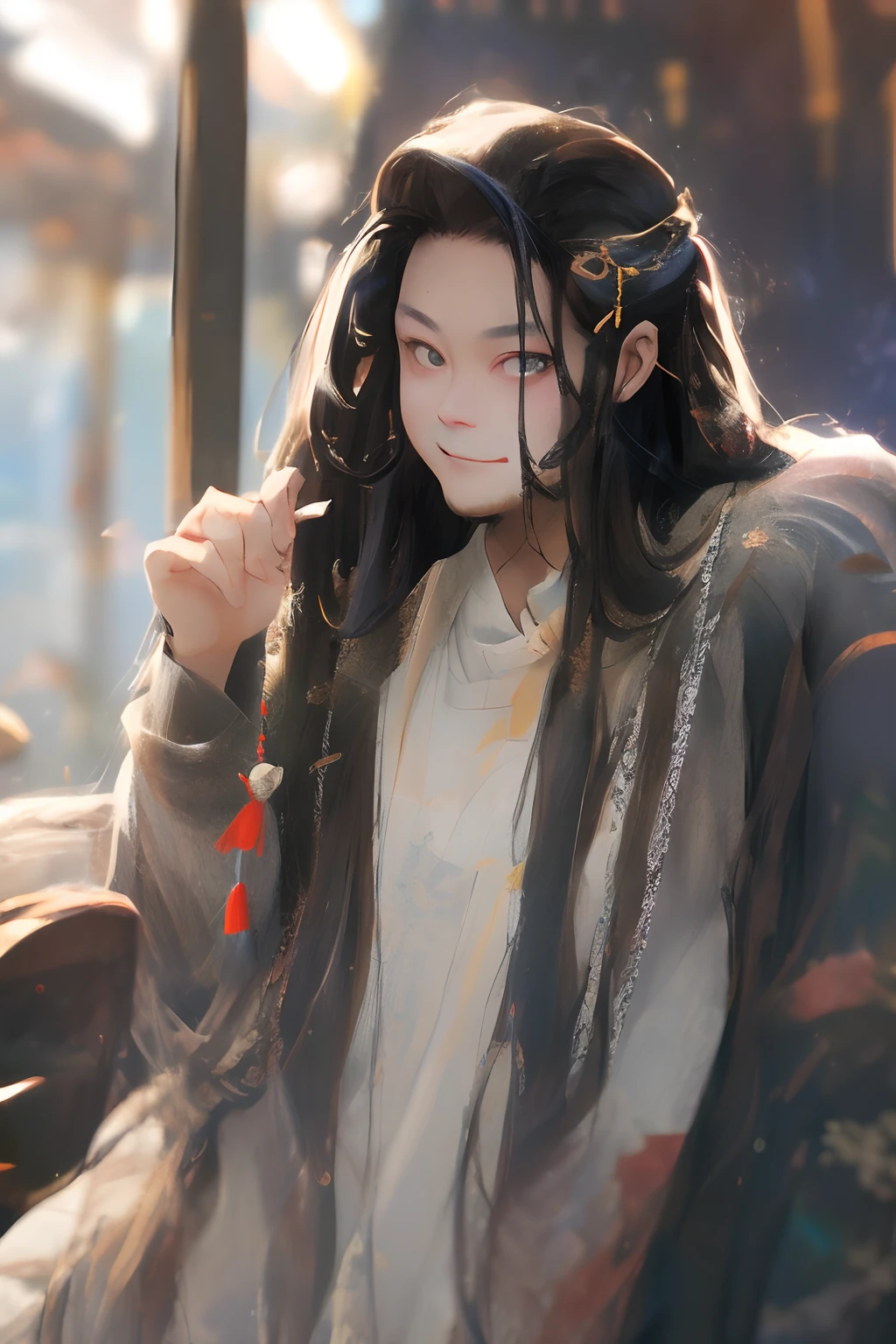 of a guy，long whitr hair，Black hair，Handsome，Deep eyes，looking back at the camera，ssmile，Bust，closeup cleavage，Wear Hanfu，Black Hanfu，Ancient wind，lumnious，Contour light，3/4 perspectives，The background is blurred out