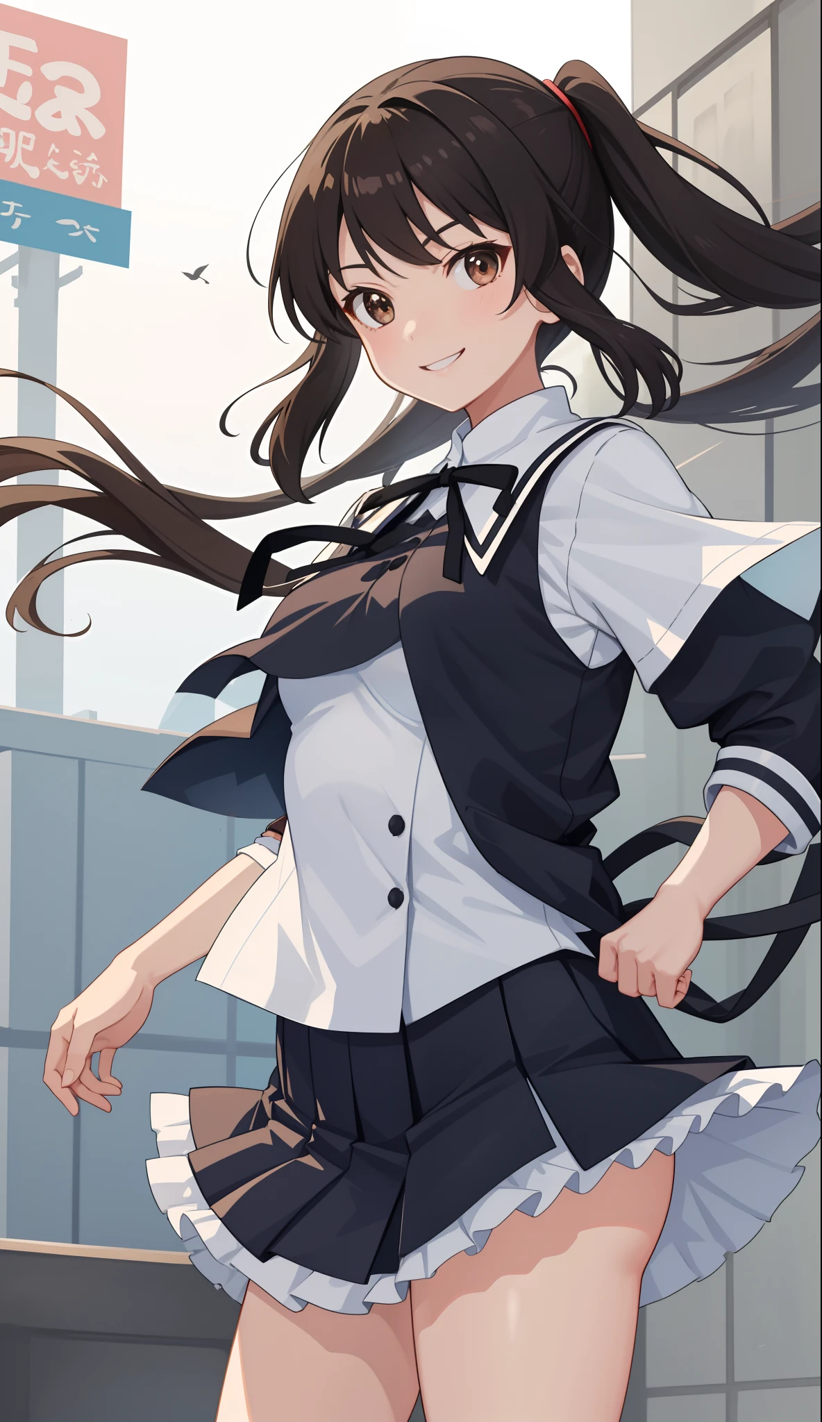 1girl in、A smile、The shirt、skirt by the、（small tits）Chilarism、Japan High School Student Uniform、serafuku、summer clothing、（Sheer Bra）、Upper body portrait、Dynamism!!Running with the wind、brown ponytail